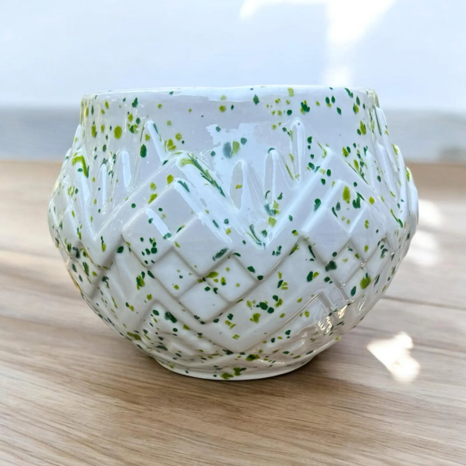 1970s Green Splatter-Ware Geometric White Planter Vase - 4