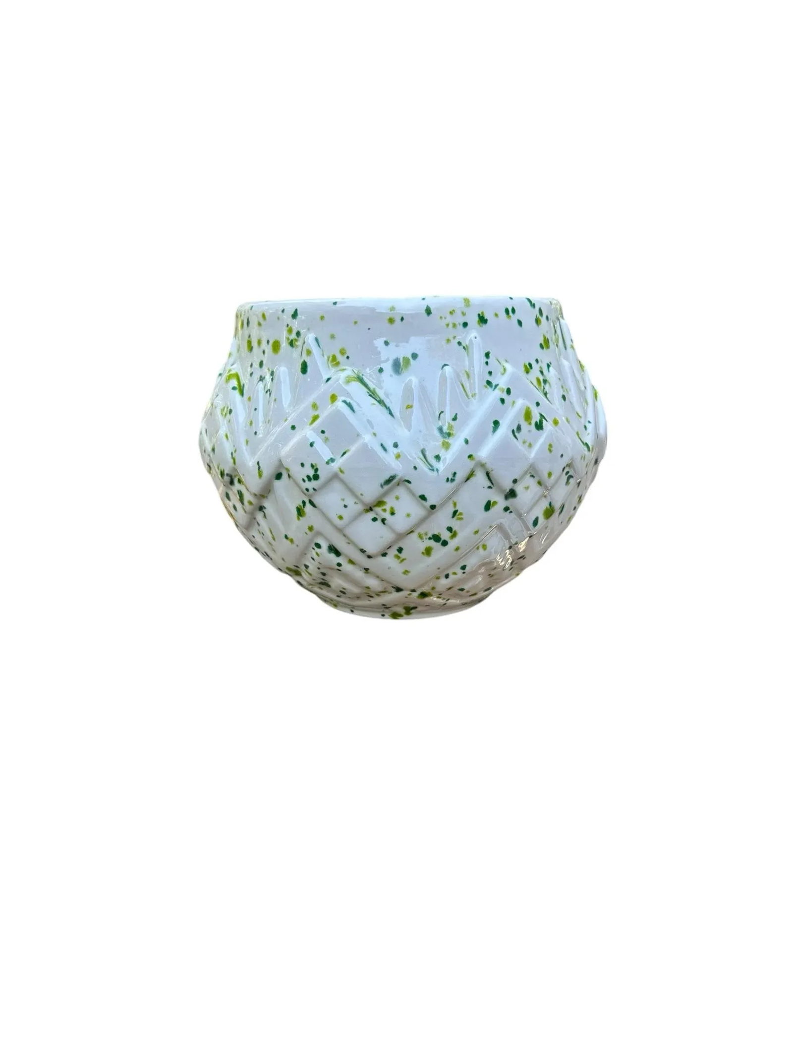 1970s Green Splatter-Ware Geometric White Planter Vase - 7