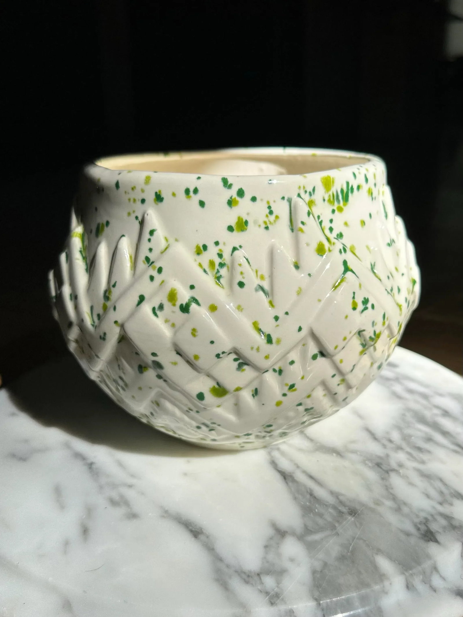 1970s Green Splatter-Ware Geometric White Planter Vase - 8