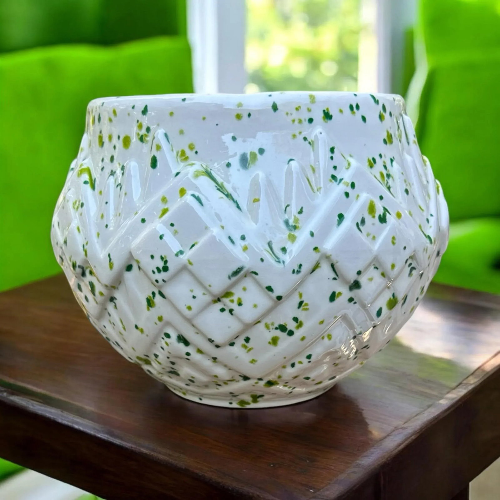 1970s Green Splatter-Ware Geometric White Planter Vase - 9