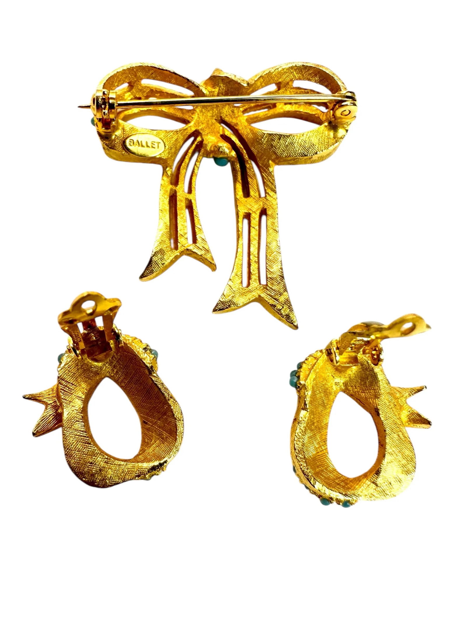 Vintage Jewelry Set by Ballet Jewels Gold Tone Faux Turquoise Brooch Earrings - 3 Pieces - 3