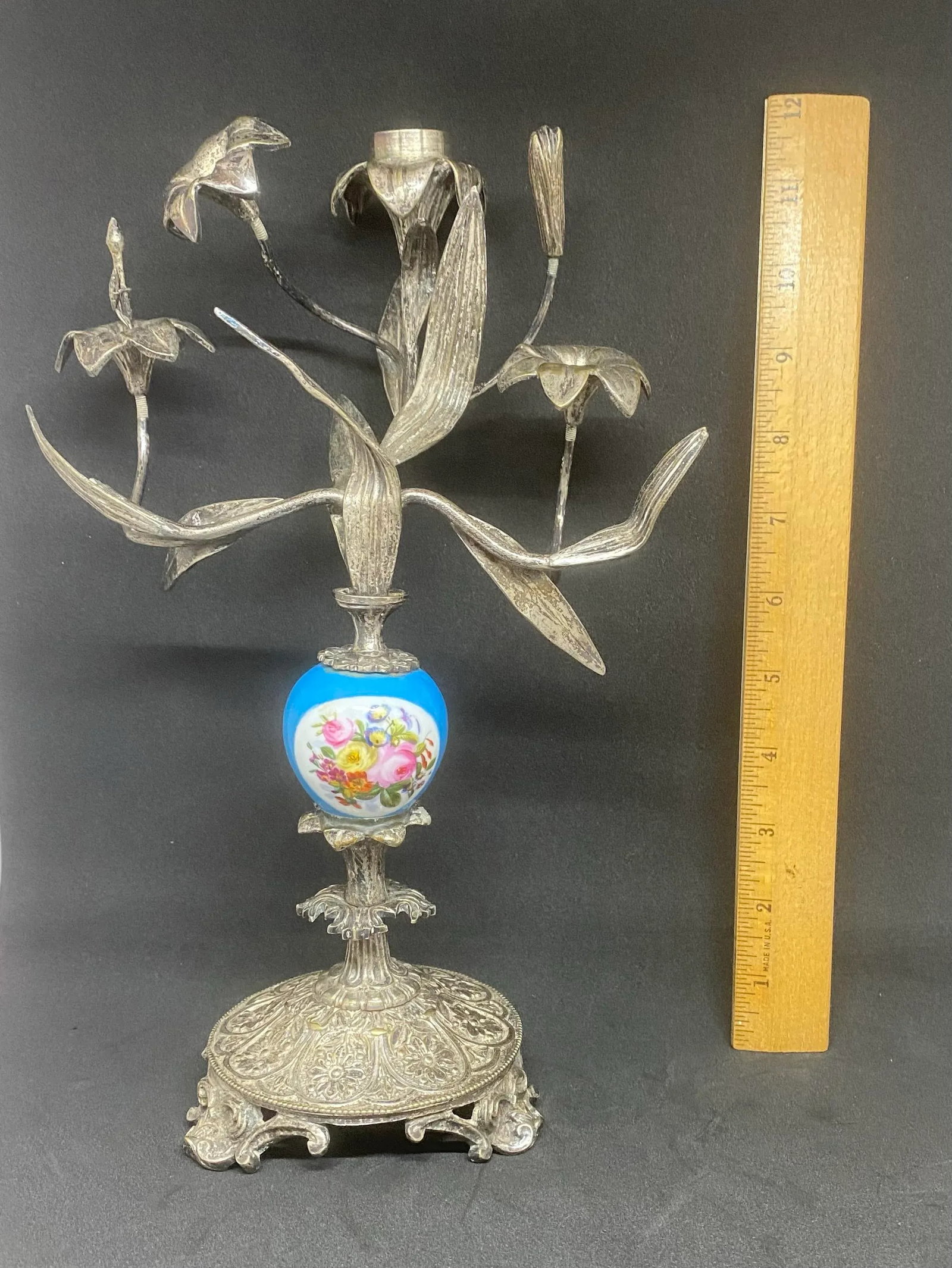 Antique Pair French Silver Sevres Porcelain With Vibrant Floral Design Candelabras Candlesticks - 10