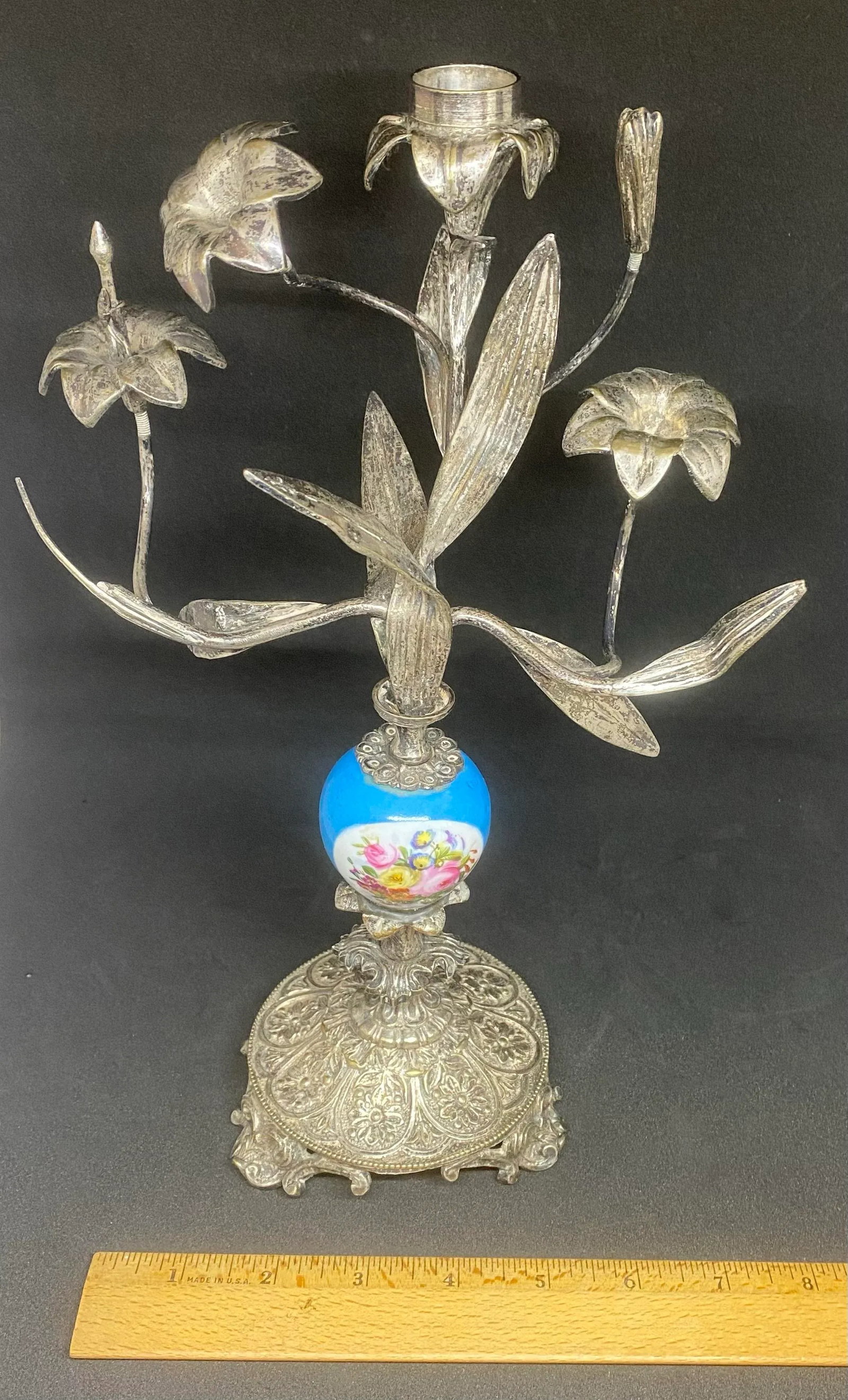 Antique Pair French Silver Sevres Porcelain With Vibrant Floral Design Candelabras Candlesticks - 11