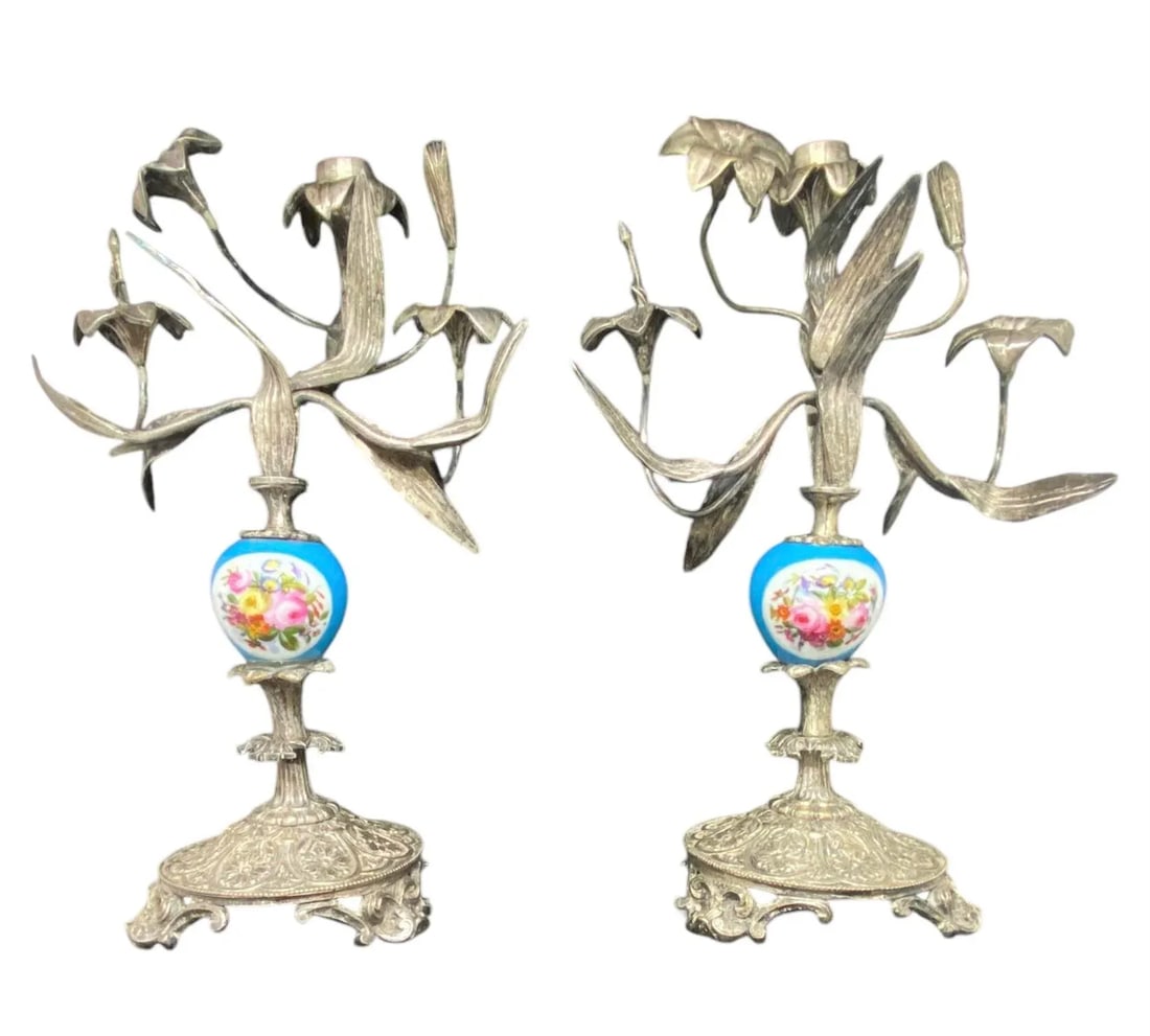 Antique Pair French Silver Sevres Porcelain With Vibrant Floral Design Candelabras Candlesticks - 12