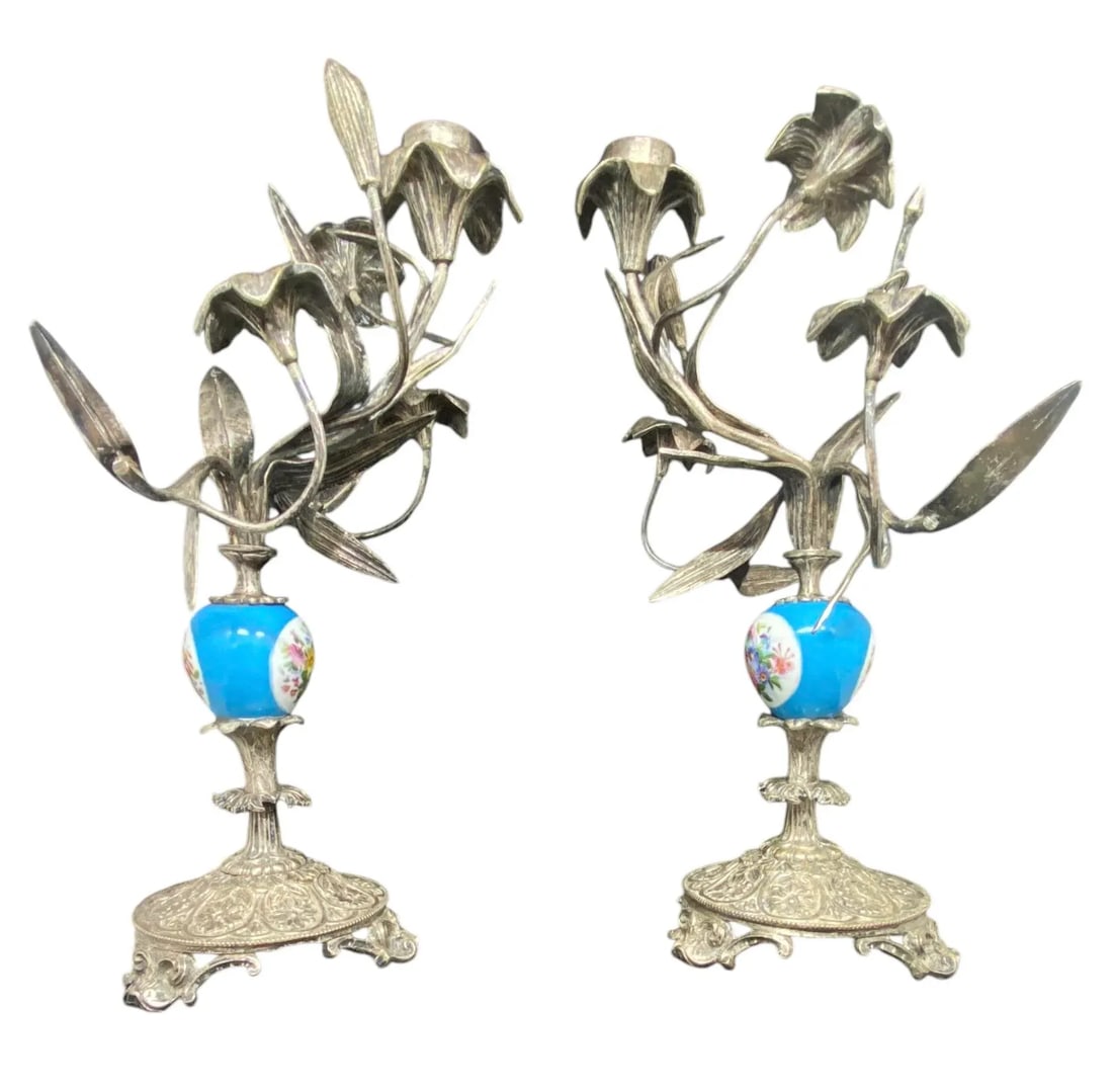 Antique Pair French Silver Sevres Porcelain With Vibrant Floral Design Candelabras Candlesticks - 2