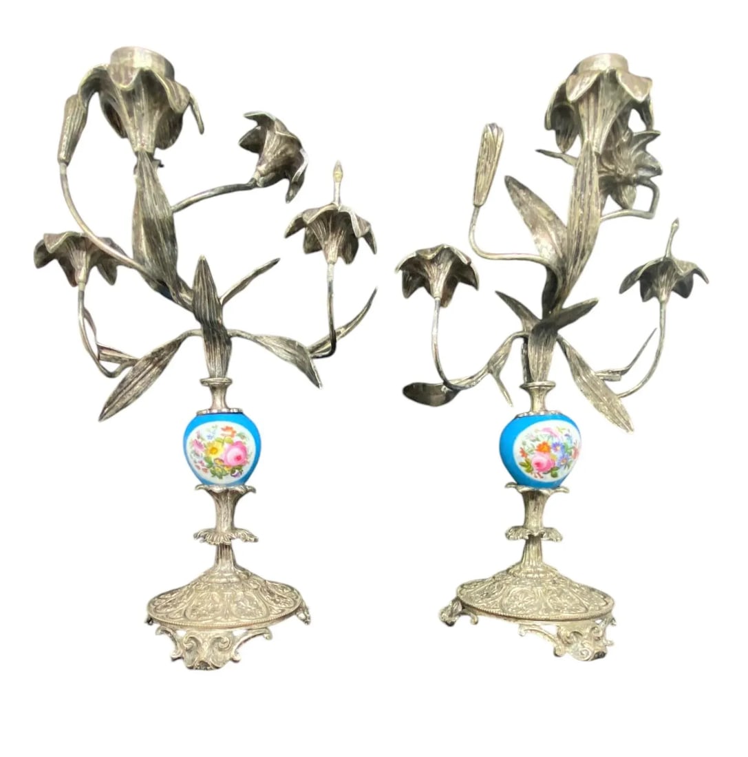 Antique Pair French Silver Sevres Porcelain With Vibrant Floral Design Candelabras Candlesticks - 3