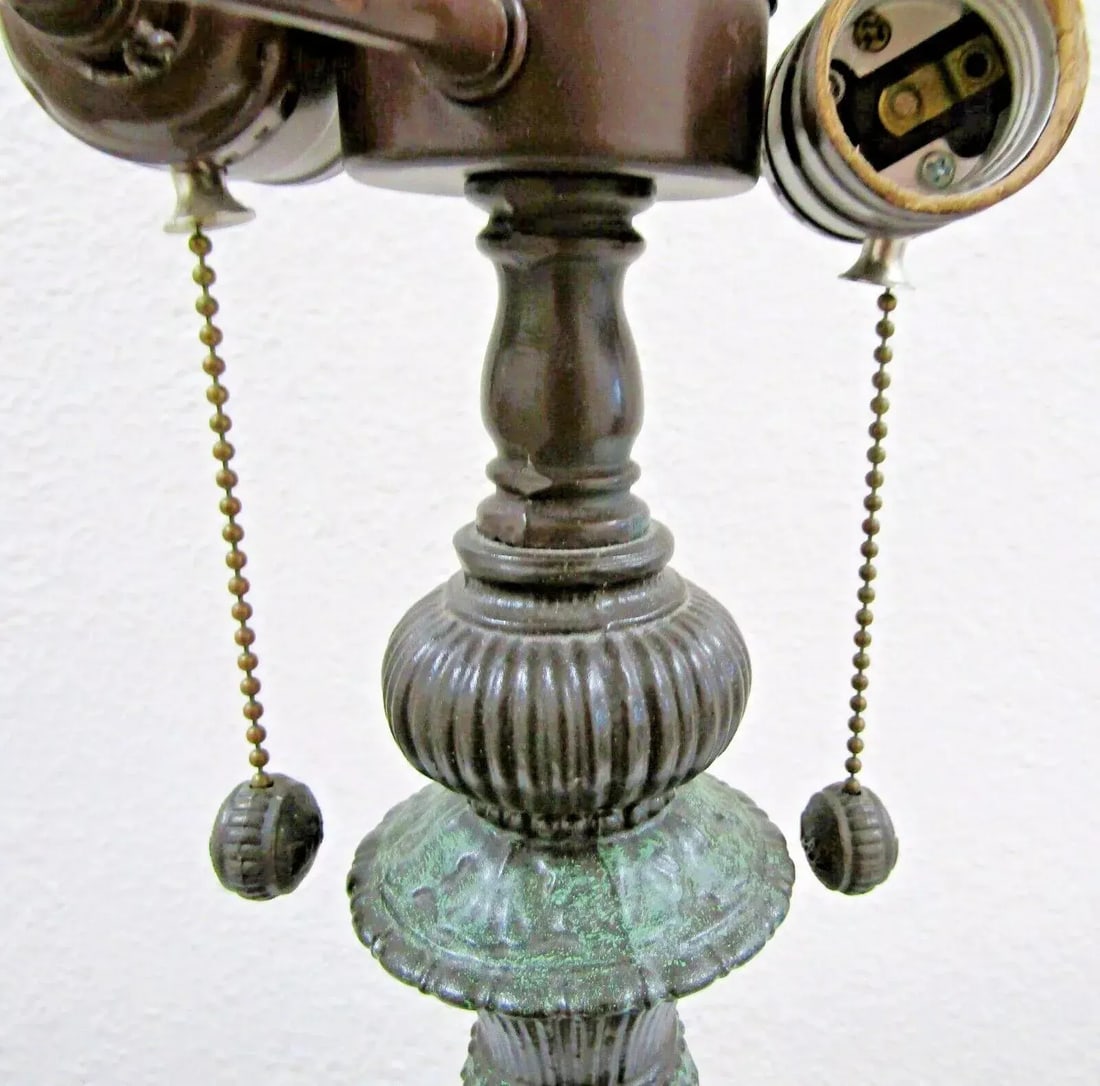 Vintage Hand Blown Reverse Painted Glass Table Lamp Bronzed Metal With Onyx Base - 10