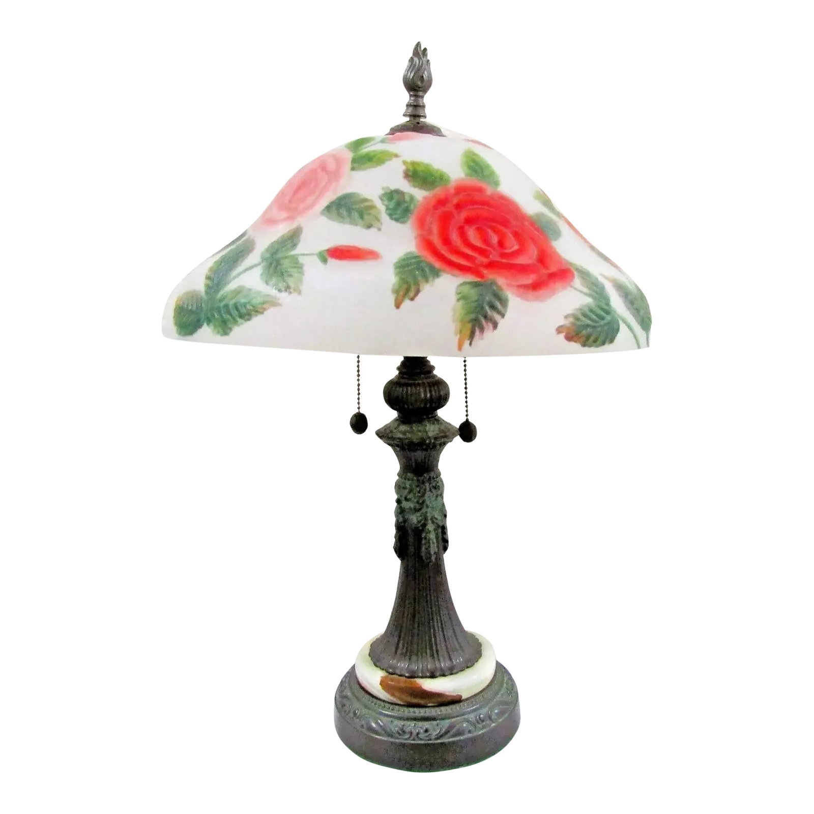 Vintage Hand Blown Reverse Painted Glass Table Lamp Bronzed Metal With Onyx Base: Vintage Hand Blown Reverse Painted Glass Lamp Bronzed Metal with Onyx Base The lamp (without shade) measures 7" diameter base and 23" tall. The lampshade measures 15 1/2" diameter and 7" height. Weigh