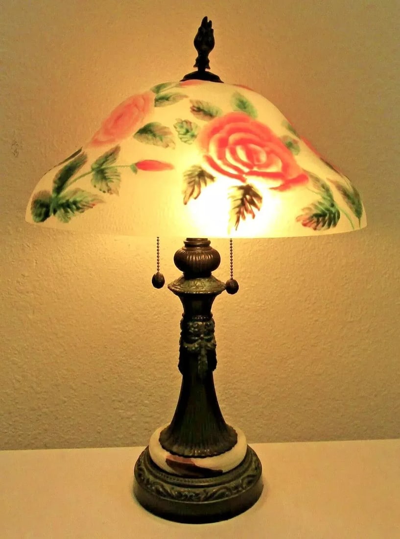 Vintage Hand Blown Reverse Painted Glass Table Lamp Bronzed Metal With Onyx Base - 2