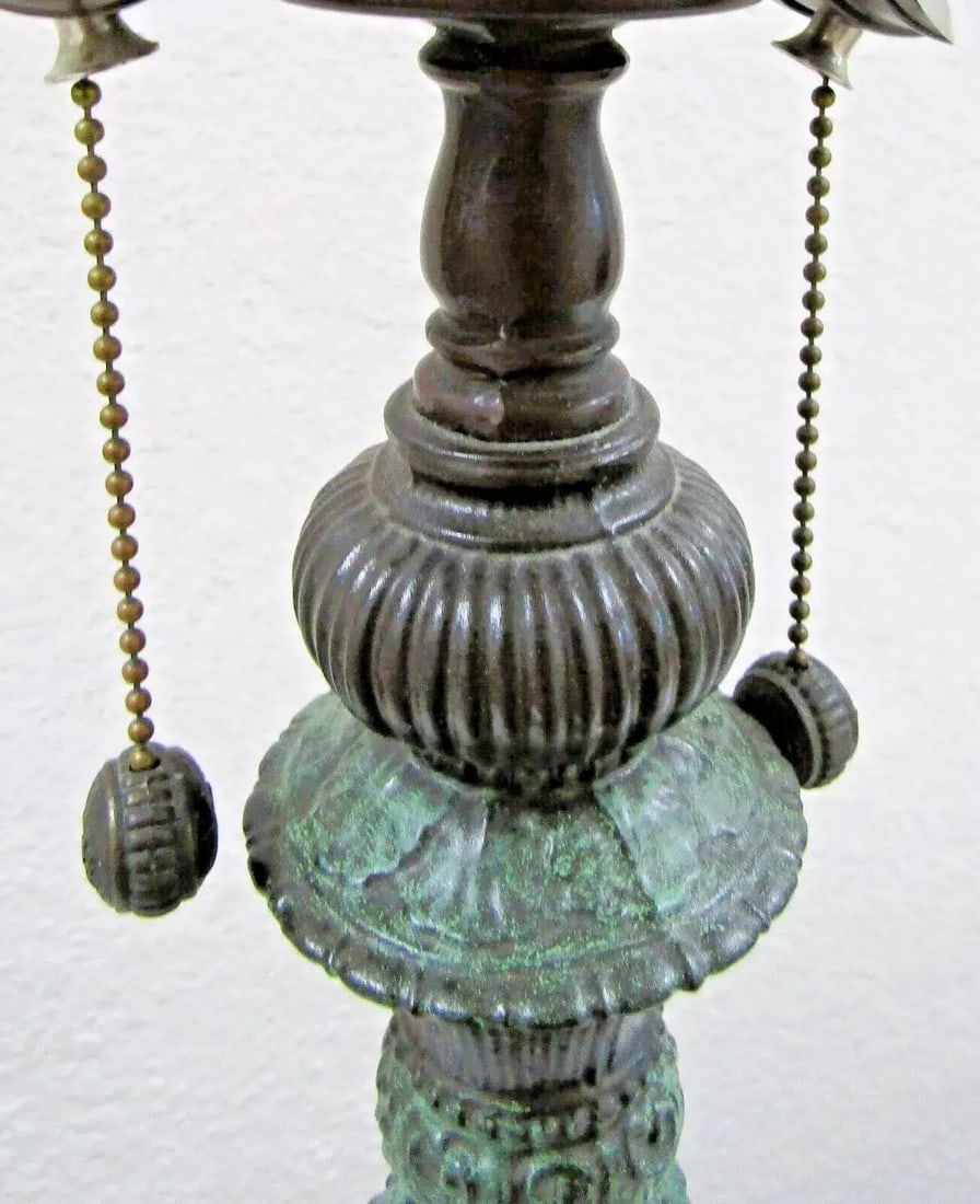 Vintage Hand Blown Reverse Painted Glass Table Lamp Bronzed Metal With Onyx Base - 8