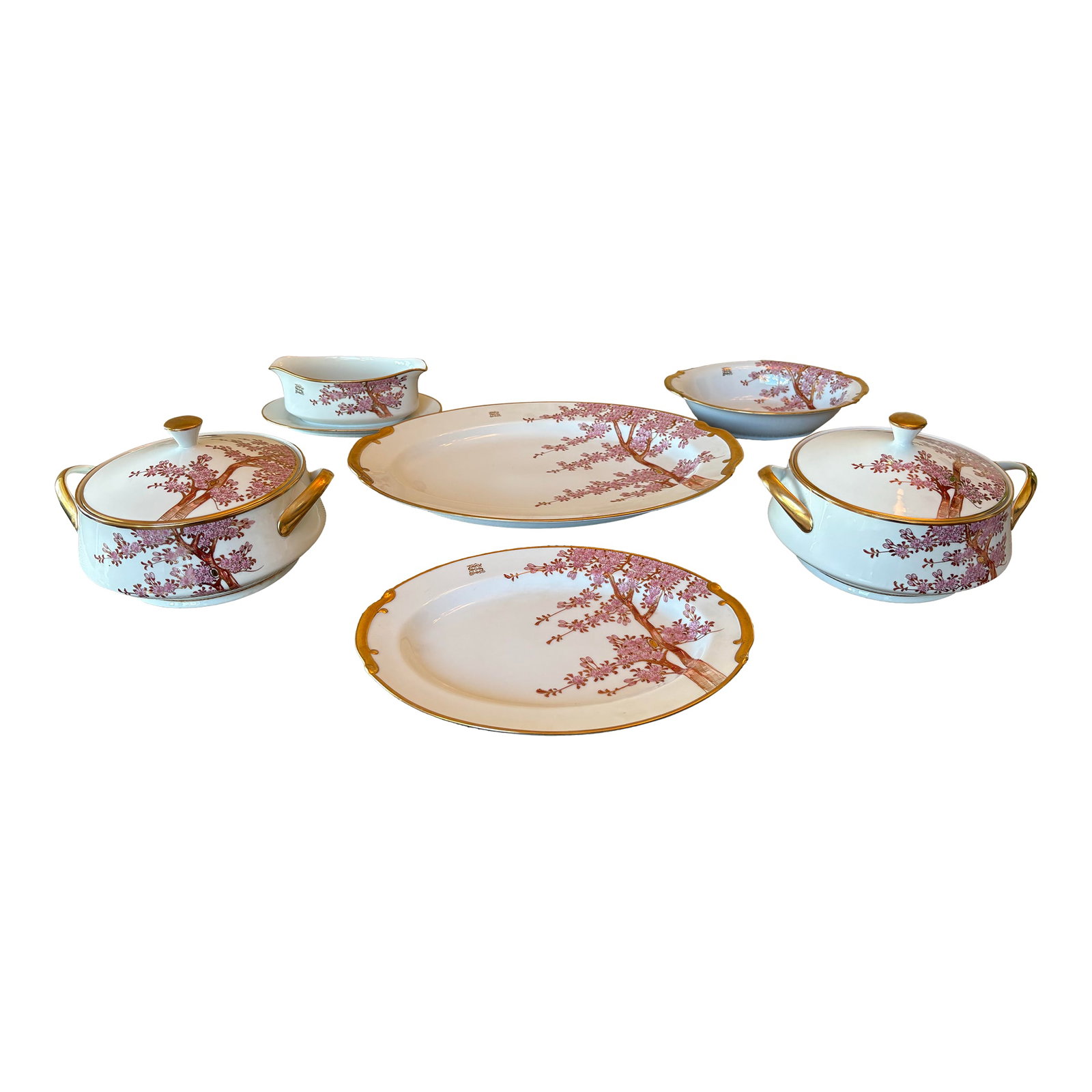 Vintage Serving Set Featuring Handpainted Gilded Cherry Blossoms by Soko China- 6 Pieces (1 of 6)