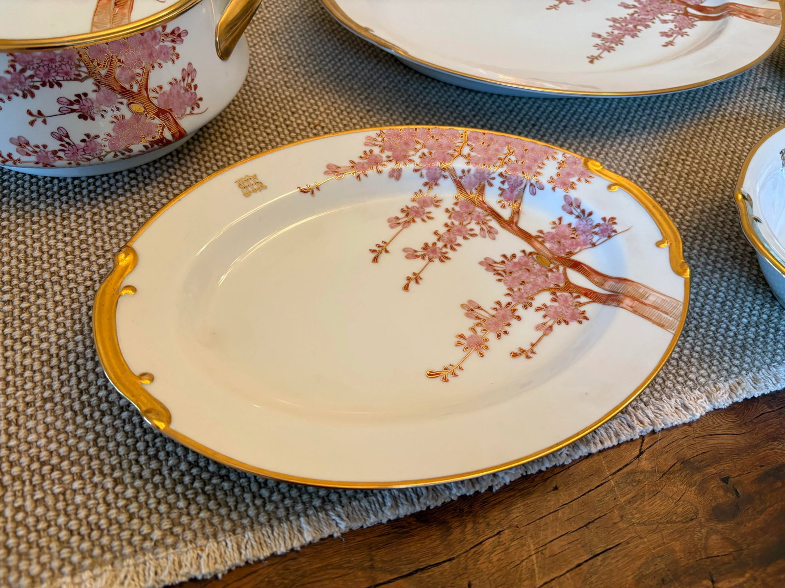 Vintage Serving Set Featuring Handpainted Gilded Cherry Blossoms by Soko China- 6 Pieces - 5