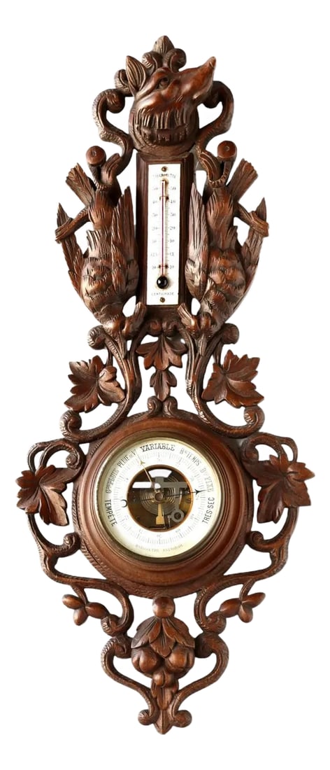 Hand Carved Black Forest Barometer W/Fox & Birds (1 of 4)