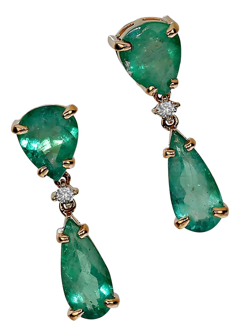 Sparkling Dangle Brazilian Emerald Earrings May Birthstone - 2 Pieces: Exquisite Handmade Brazilian Emerald Earrings in 18KT Yellow Gold Discover the allure of our sparkling handmade Brazilian emerald earrings, a unique and elegant addition to any jewelry collection.