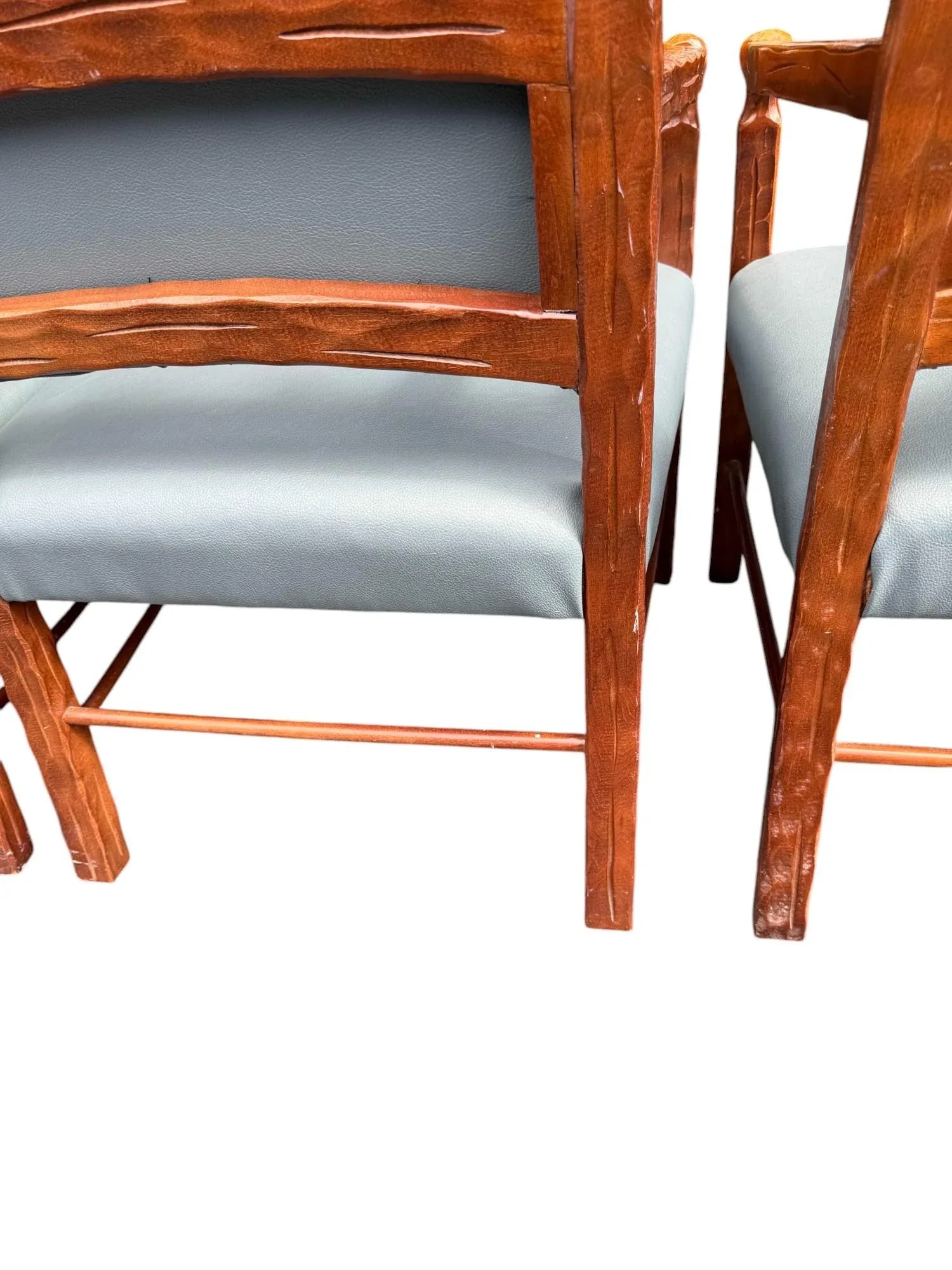 Late 20th Century Rustic Style Carved Wood and Blue Faux Leather Dining Chairs - a Set of 4 - 10