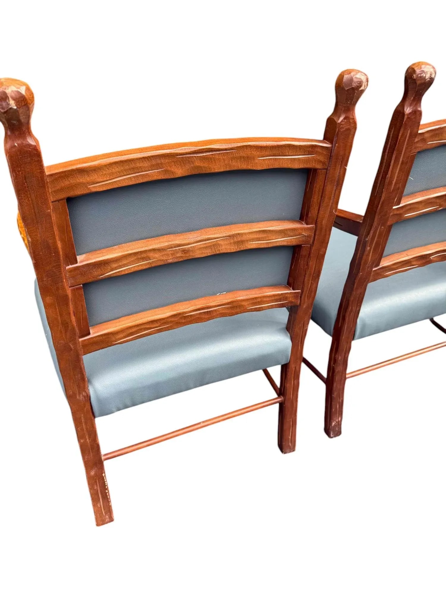 Late 20th Century Rustic Style Carved Wood and Blue Faux Leather Dining Chairs - a Set of 4 - 11