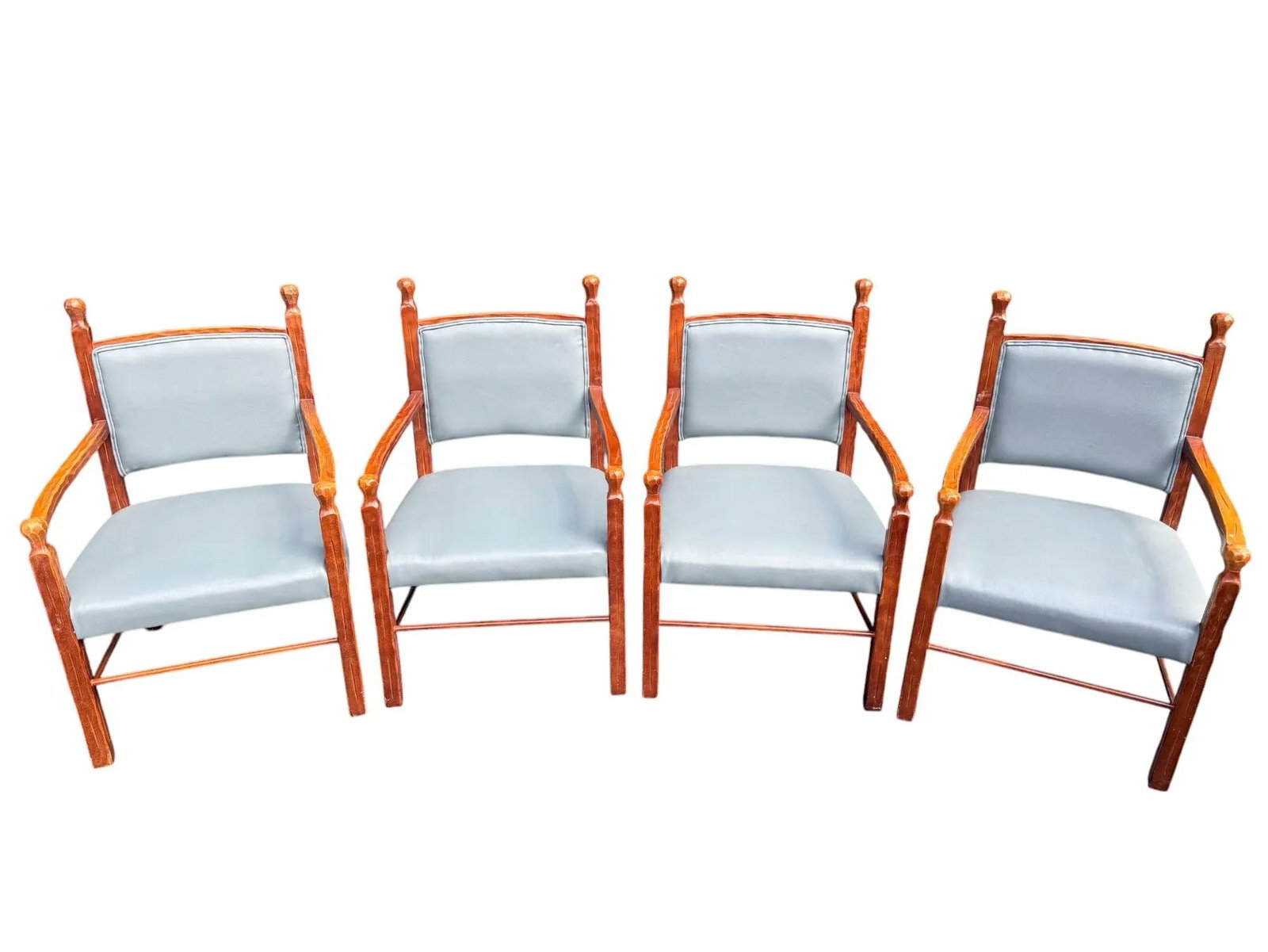 Late 20th Century Rustic Style Carved Wood and Blue Faux Leather Dining Chairs - a Set of 4 - 2