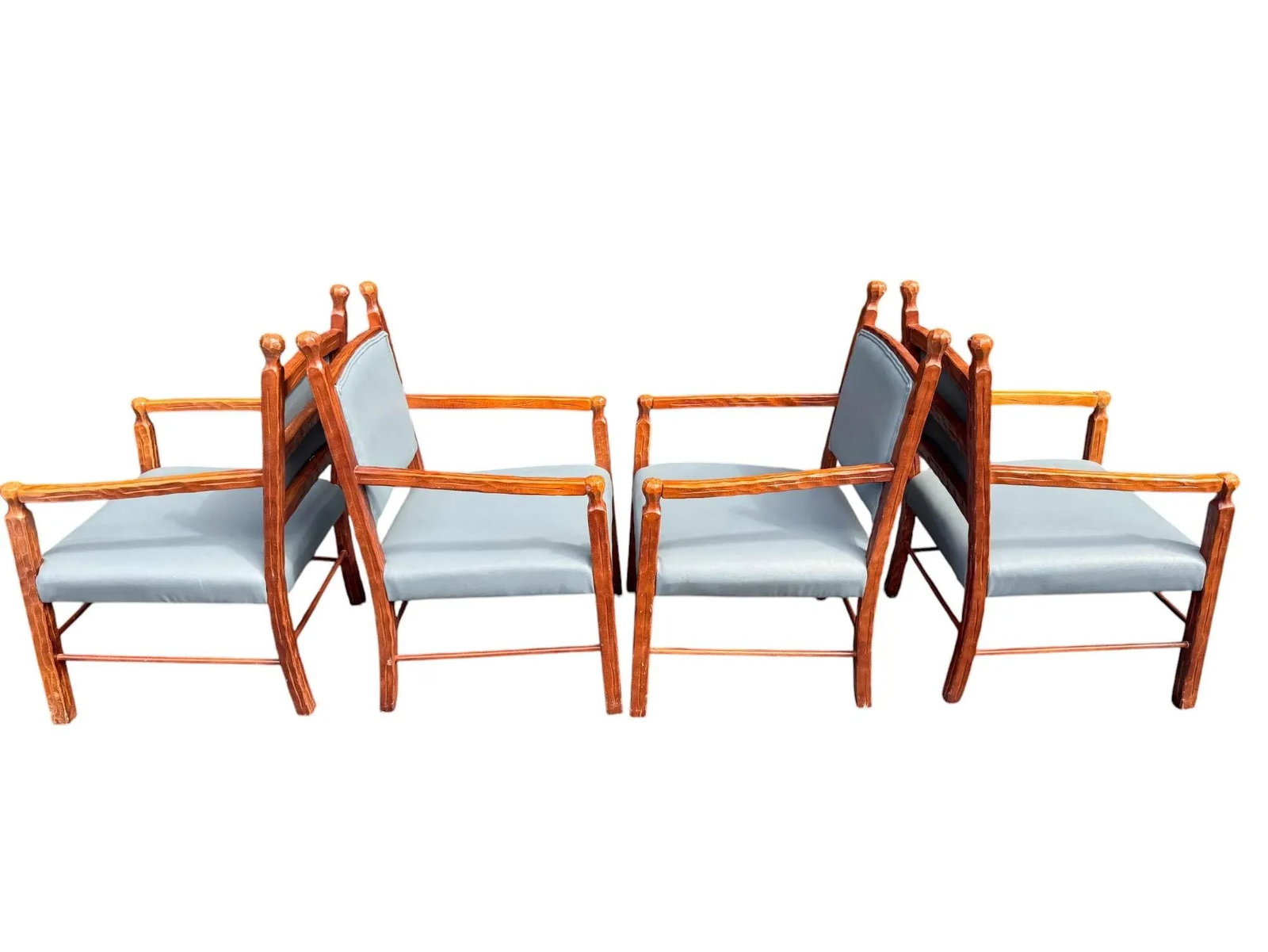 Late 20th Century Rustic Style Carved Wood and Blue Faux Leather Dining Chairs - a Set of 4 - 3
