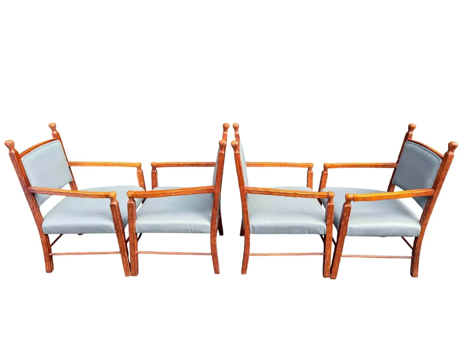 Late 20th Century Rustic Style Carved Wood and Blue Faux Leather Dining Chairs - a Set of 4 - 4