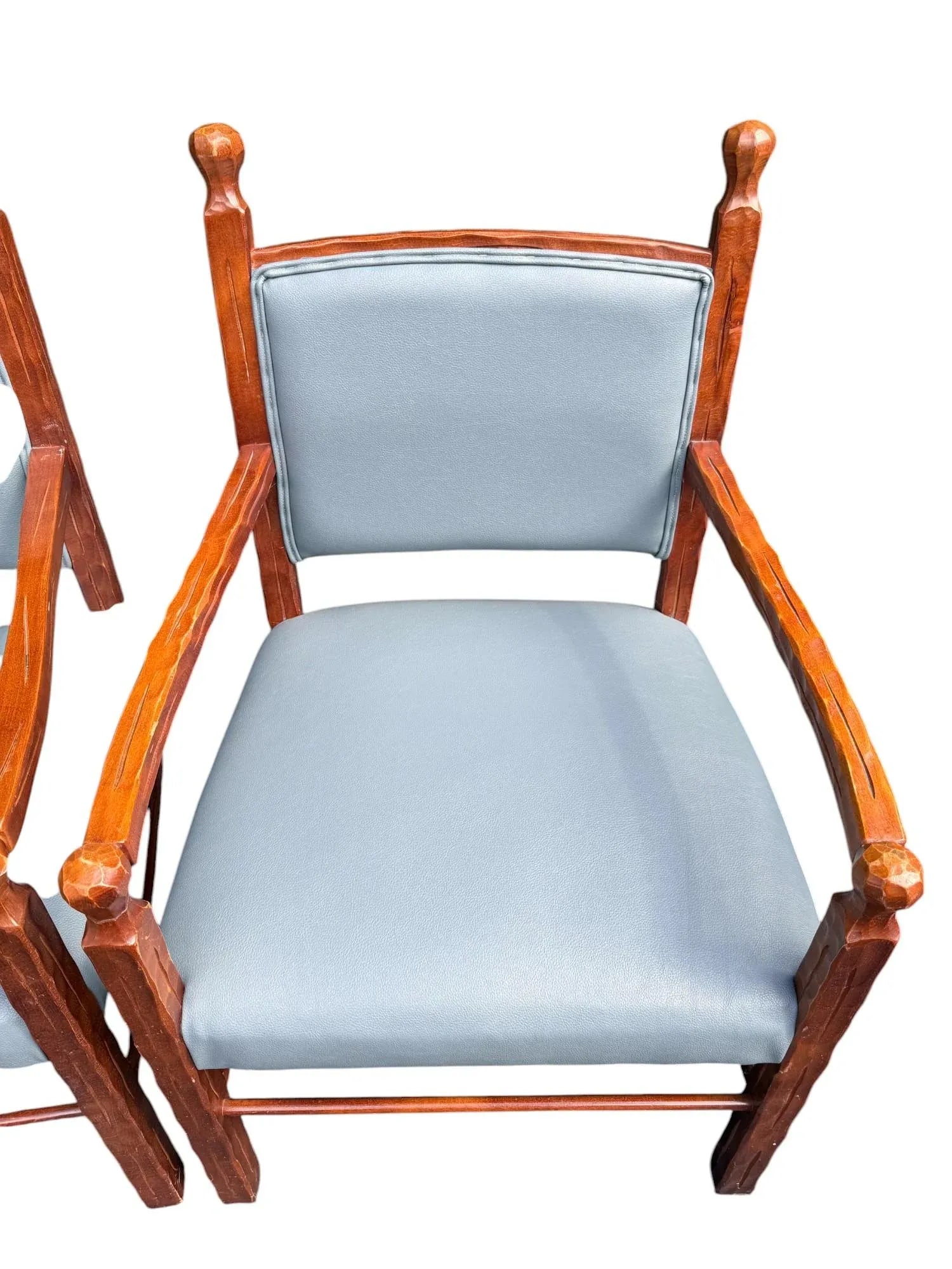 Late 20th Century Rustic Style Carved Wood and Blue Faux Leather Dining Chairs - a Set of 4 - 7