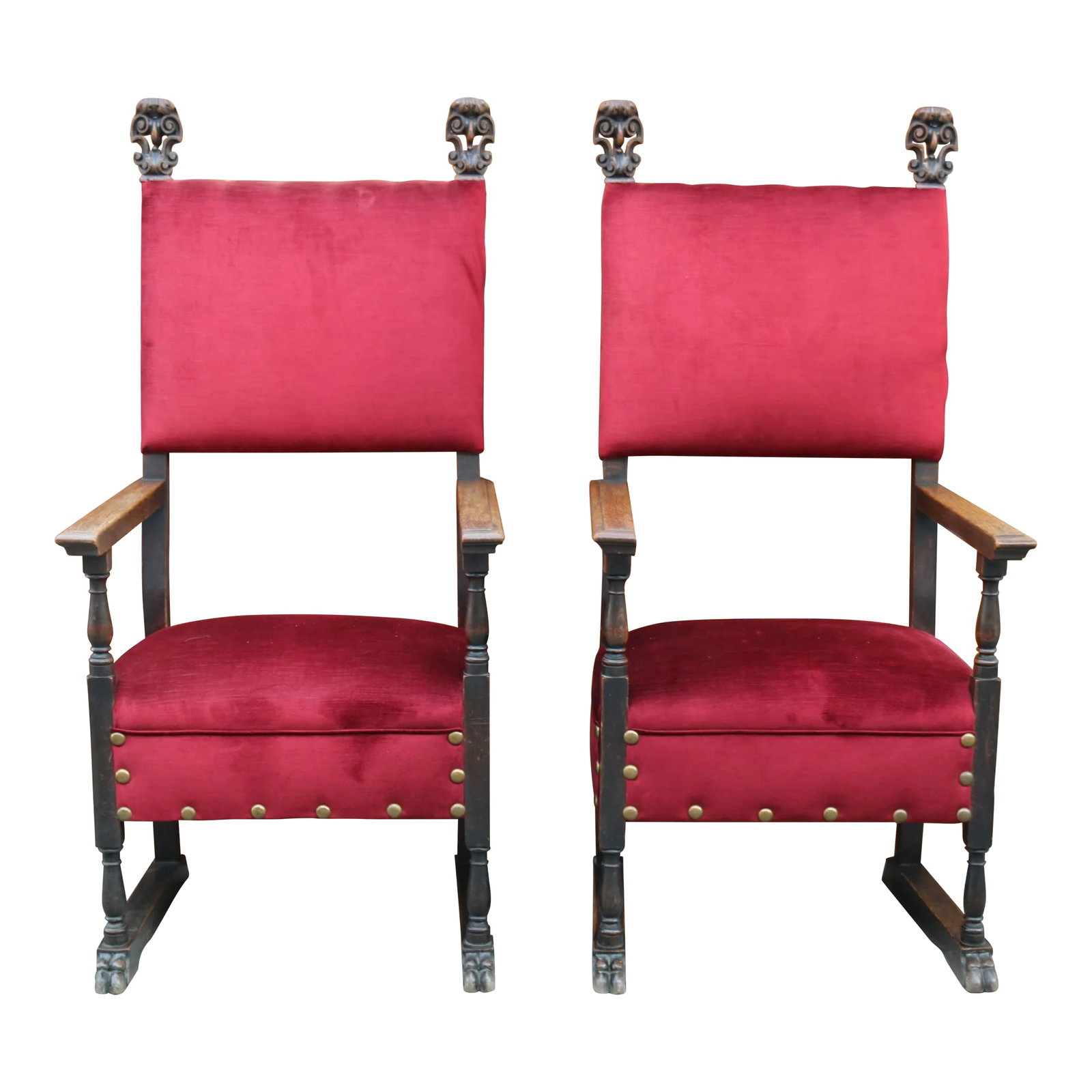 Antique Pair of Italian Carved Wood Throne Chairs: Wonderful pair of throne chairs. They have an amazing carved wood, with high back and the legs tapered with the front feet formed as animal claws, definitely great work. They are in original shape.