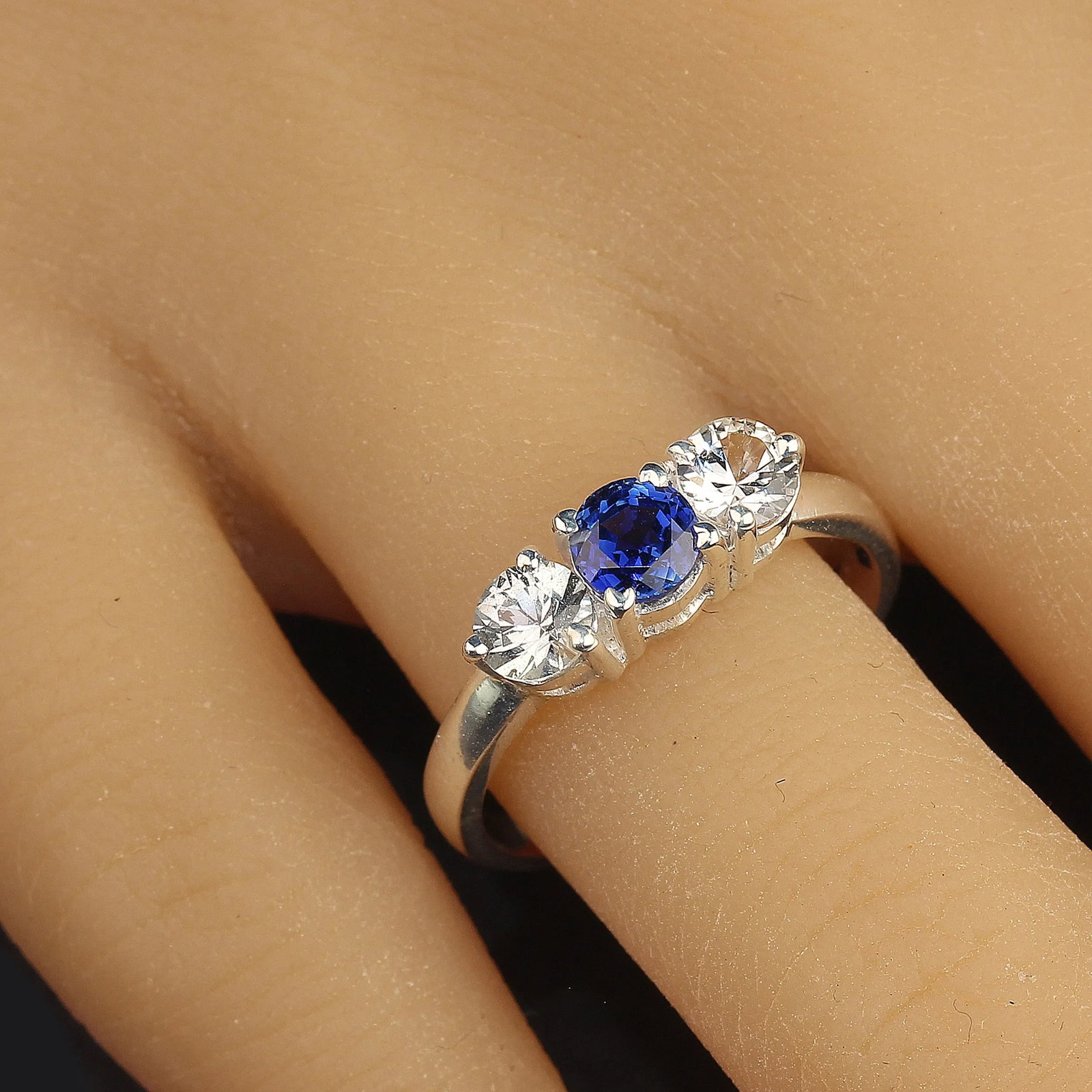 Sparkling Classic Three-Stone Blue and White Sapphire Ring - 2