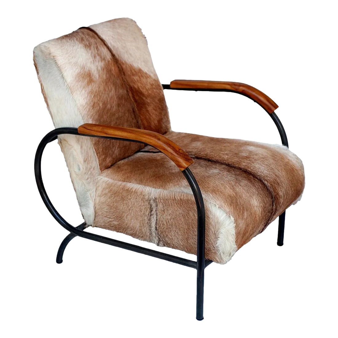 Modern Handcrafted Chair from Indonesia With Goat Skin Upholstery: Introducing the Laney Occasional Chair, a distinguished piece that captures the essence of natural beauty and rustic charm with its goat hide upholstery. The chair's iron frame provides a sturdy and