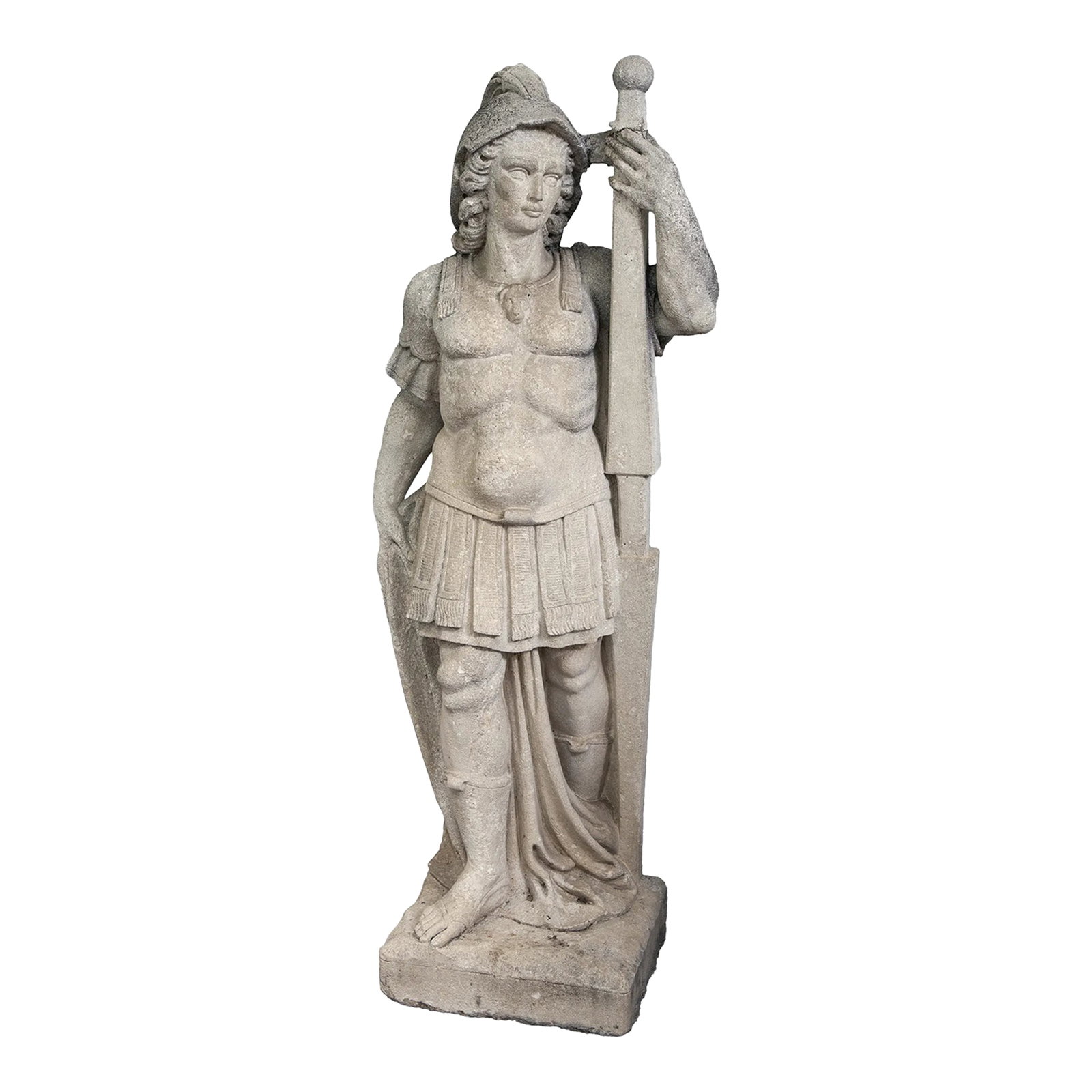Antique Italian Limestone Garden Statue: Antique Italian Limestone Garden Statue., Male Warrior Figure holding a sword. A Beautiful addition to any Classical Gardenscape or InnerGarden space. Condition: Alterations: Original Design Modified