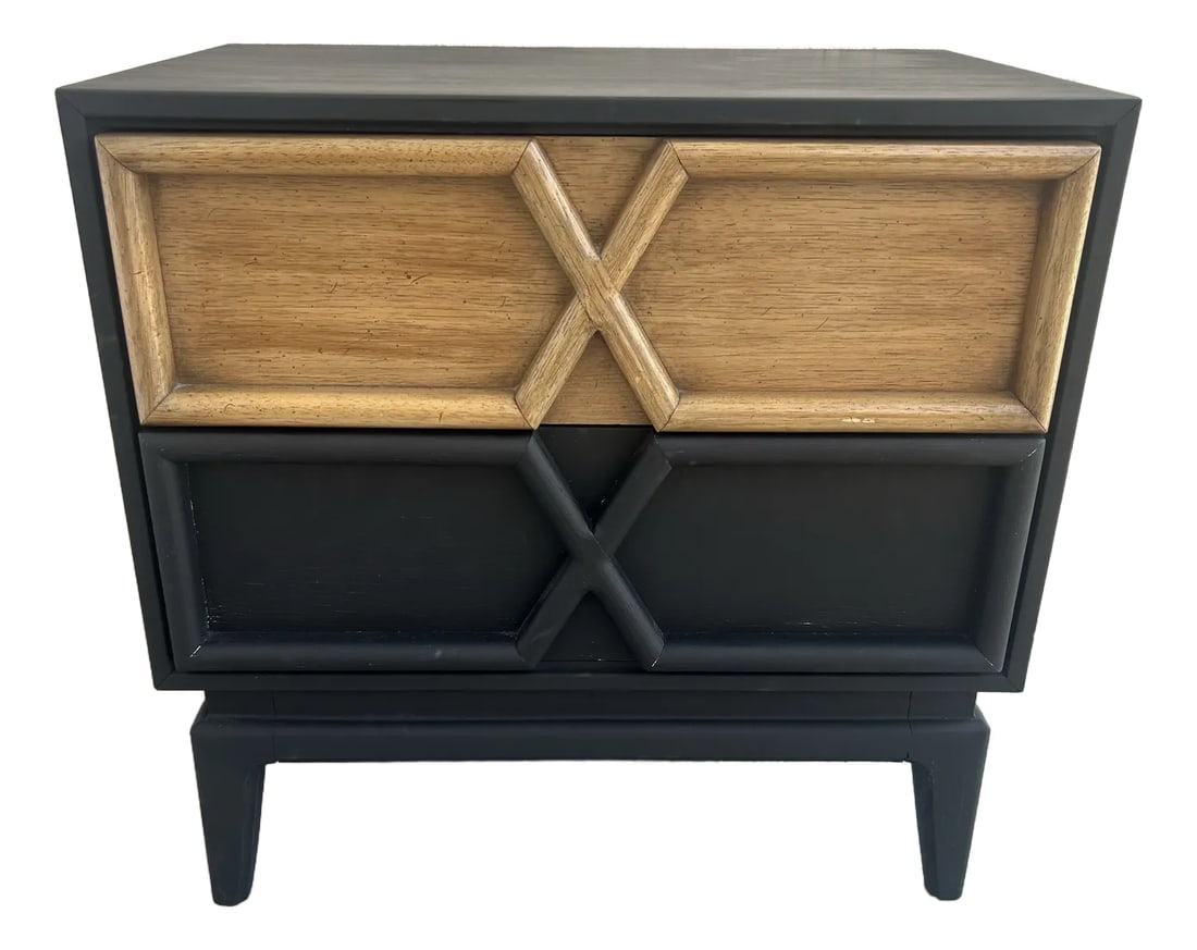Vintage American of Martinsville Nightstand Very Rare: Vintage and rare nightstand made by American of Martinsville well made furniture maker. Refinished in black chalk paint and sealed with wax for a contemporary look Condition: Alterations: Restored