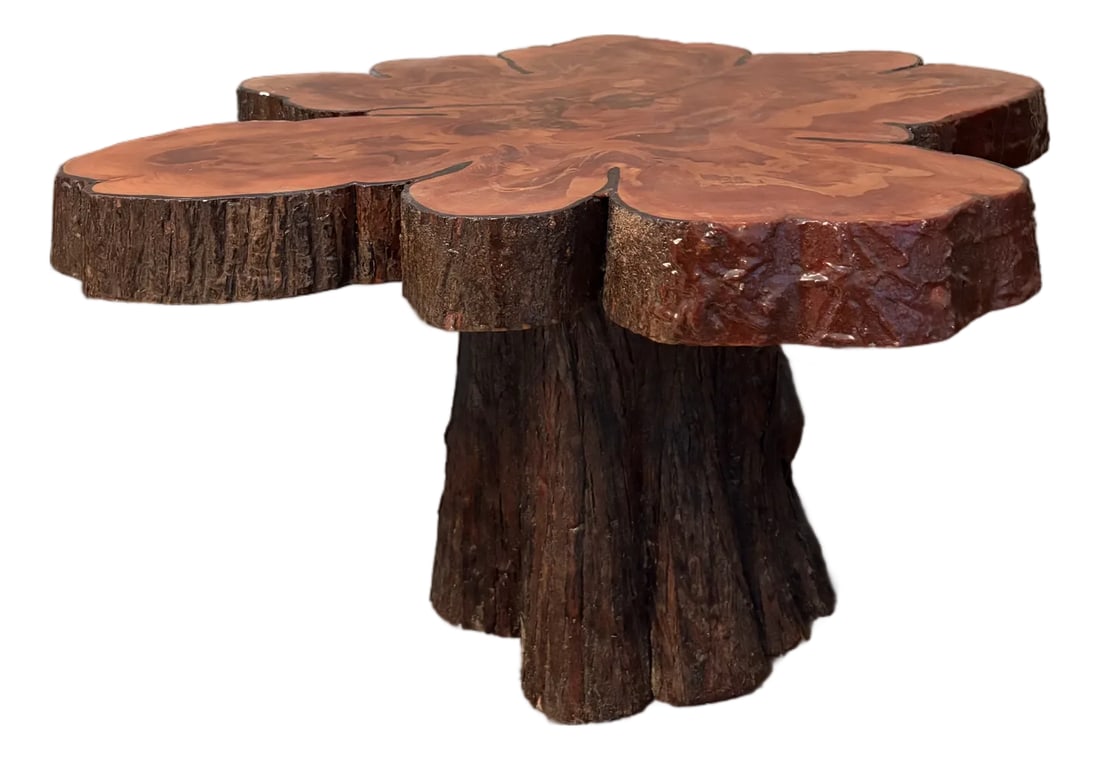 Mid 20th Century American Single Slab Burl Wood Raw Edge Side Table: An exquisite piece of organic furniture - an American lacquered live-edge burl side table. This is a remarkable example of design and workmanship. The table features a free-form live-edge specimen
