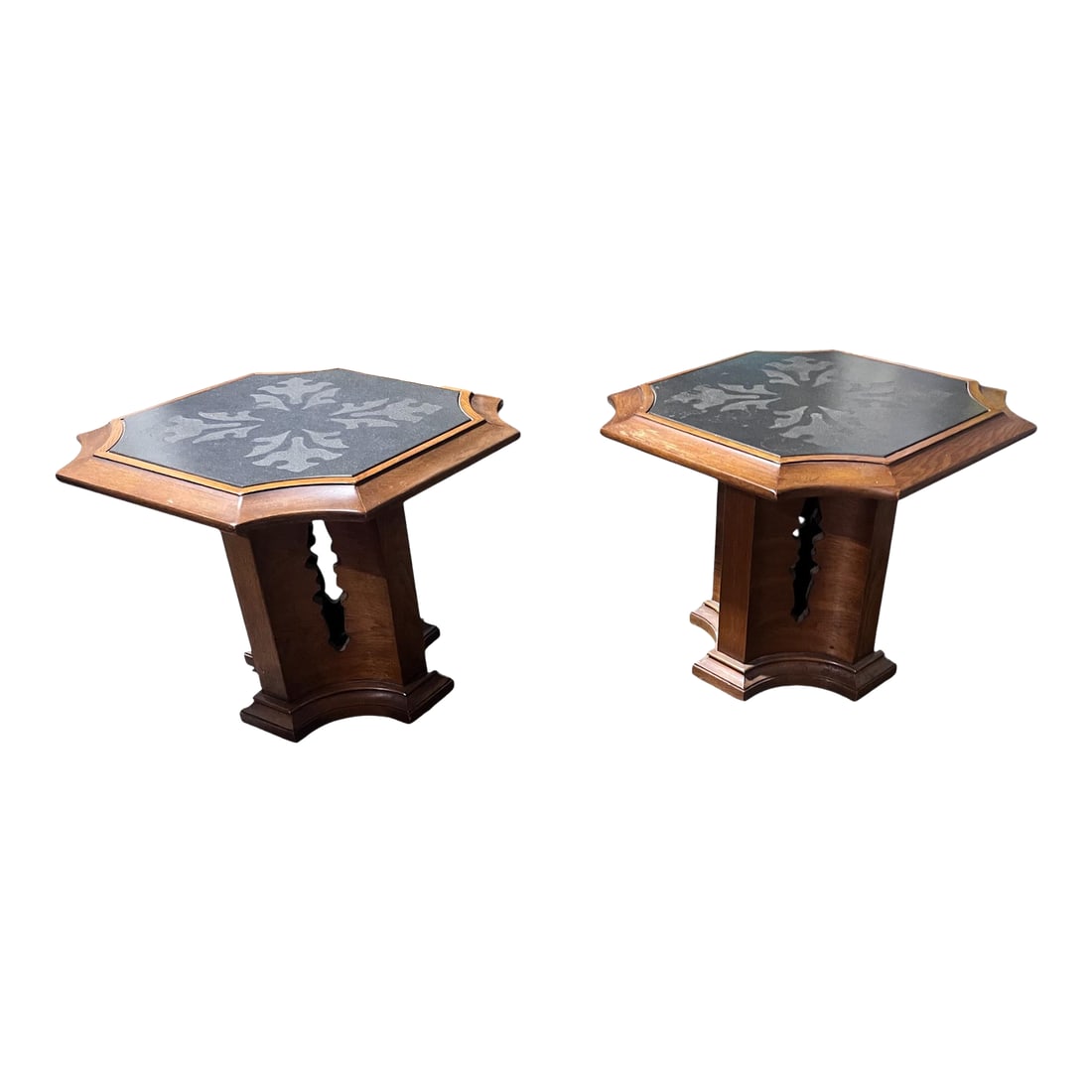 1960s Pair of Drexal Spanish Mediterranean Bunching Side Tables With Slate Top: Pair of Drexel Spanish mediterranean bunching end tables with the slate tops that are etched and bases are sculpted out. None smoking Palm Beach Estate in excellent vintage condition ready for home