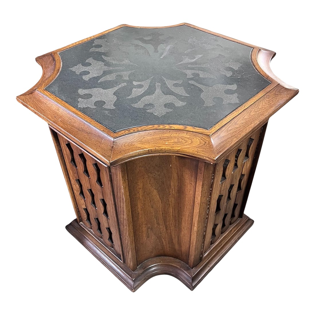 1960s Drexel Spanish Mediterranean Storage Accent End Table With Etched Slate Top: Drexel heritage furniture, Esperanto collection, Spanish Mediterranean, Storage, accent end table with etched slate top. Condition: Alterations: Original Condition Unaltered Imperfections: Some Imperf