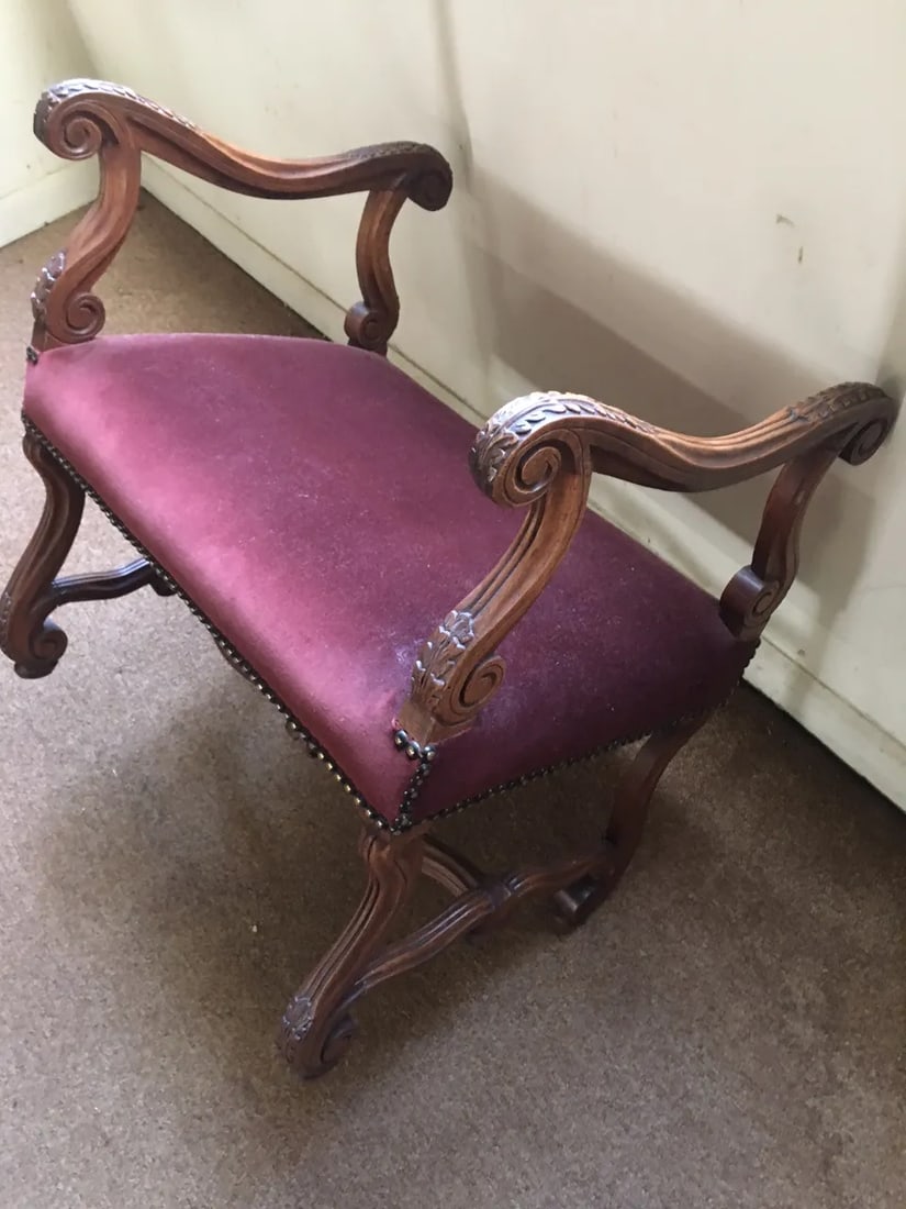 Antique French Walnut Short Upholstered Bench W/ Serpentine Arms & Stretcher - 10