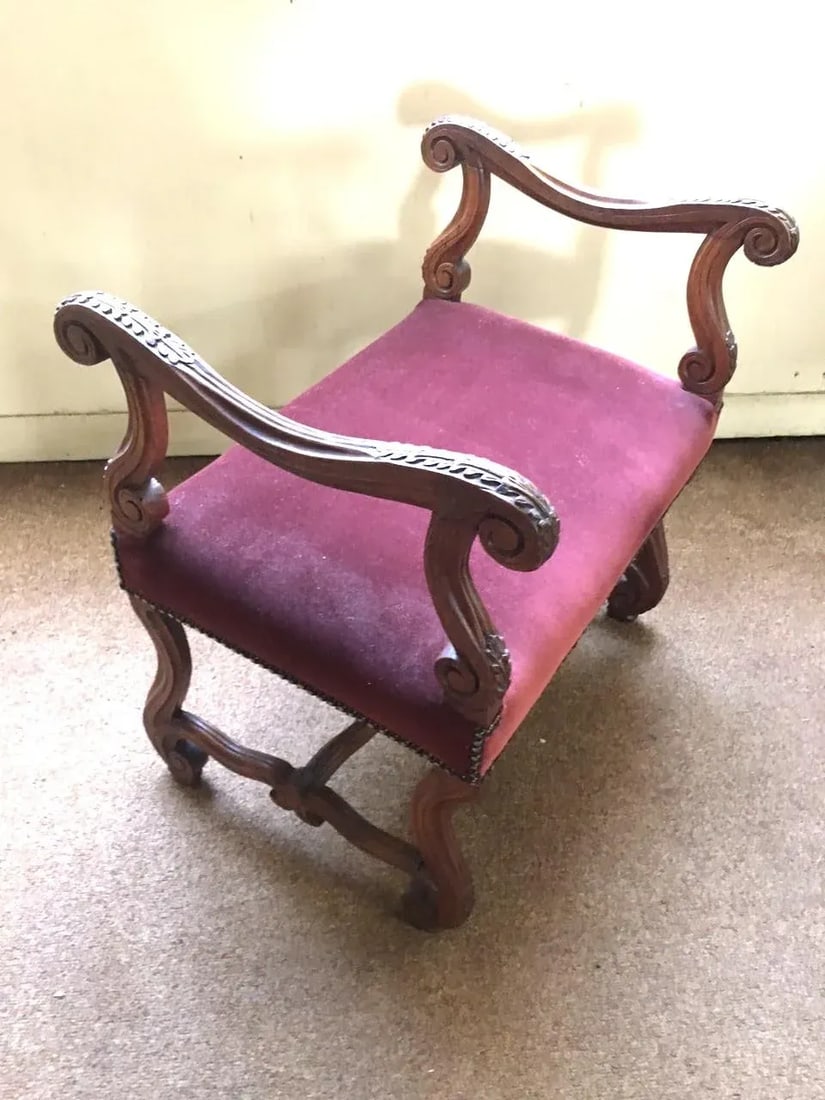 Antique French Walnut Short Upholstered Bench W/ Serpentine Arms & Stretcher - 2
