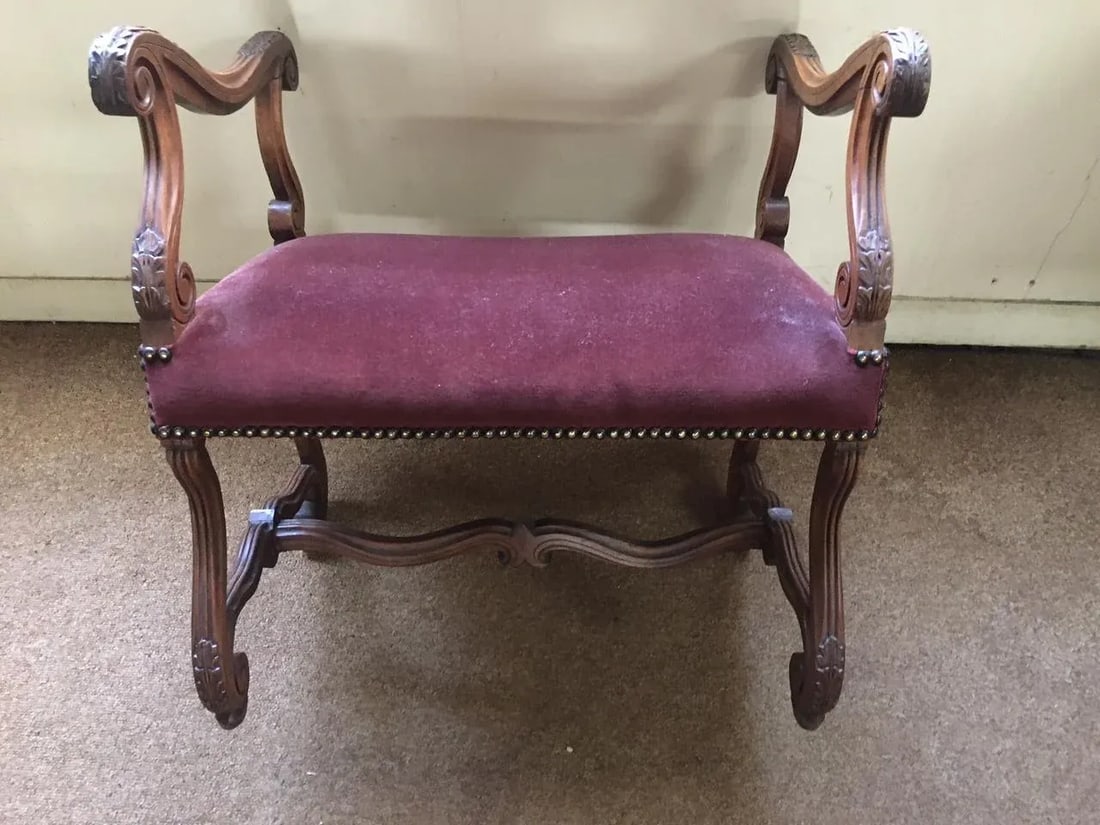 Antique French Walnut Short Upholstered Bench W/ Serpentine Arms & Stretcher - 3