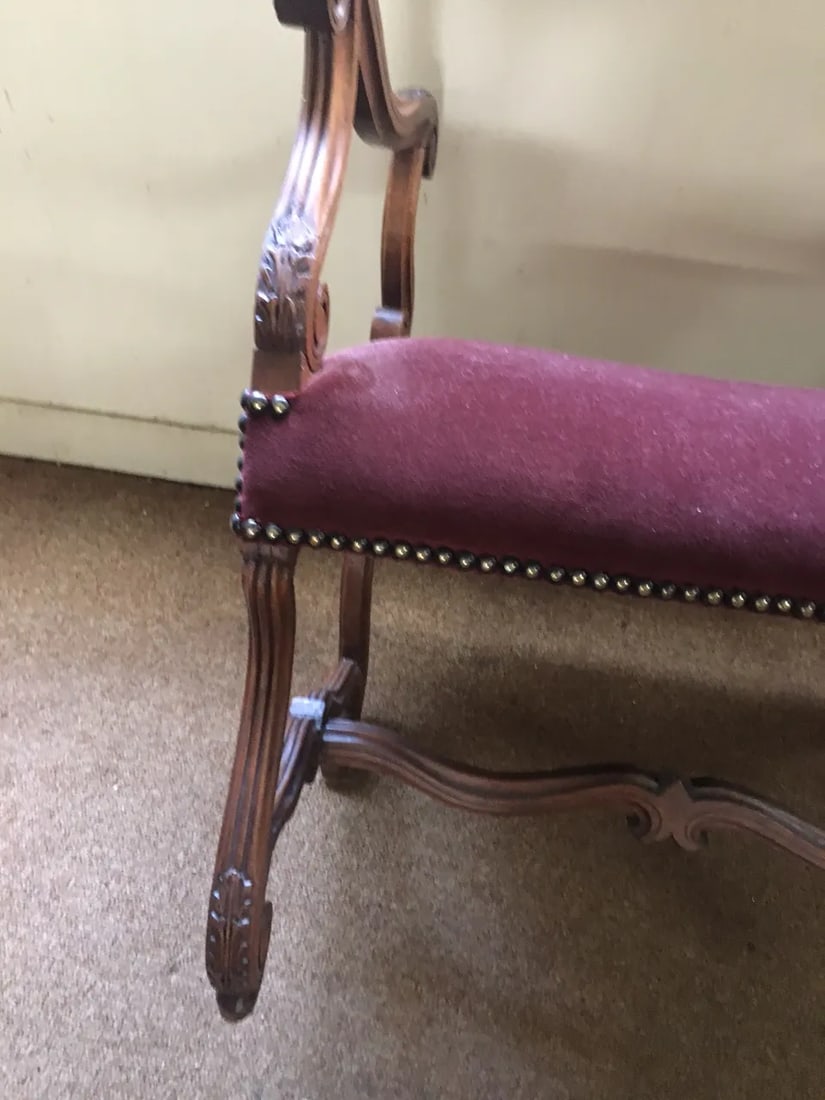 Antique French Walnut Short Upholstered Bench W/ Serpentine Arms & Stretcher - 4