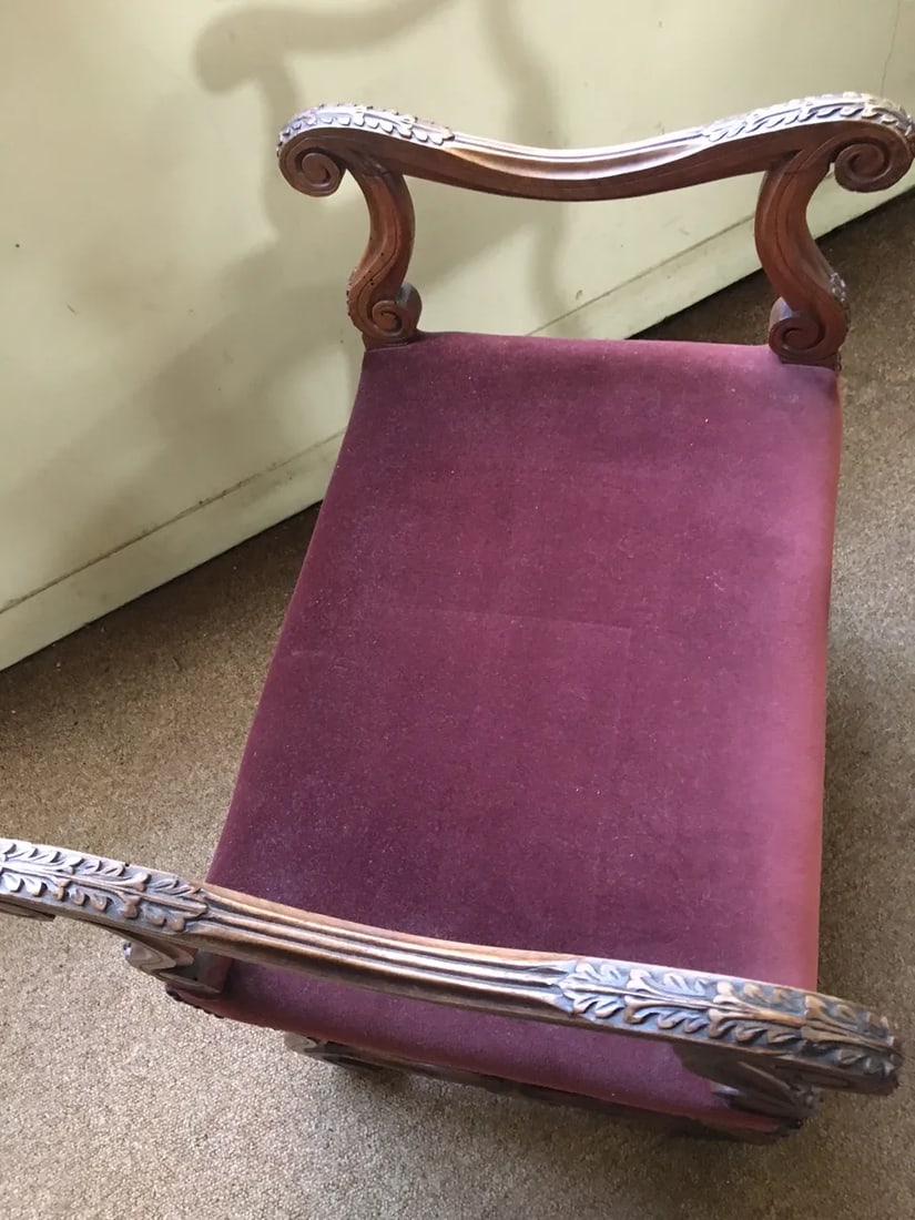 Antique French Walnut Short Upholstered Bench W/ Serpentine Arms & Stretcher - 5