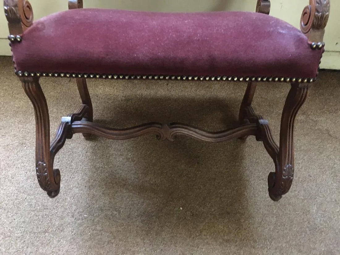 Antique French Walnut Short Upholstered Bench W/ Serpentine Arms & Stretcher - 7