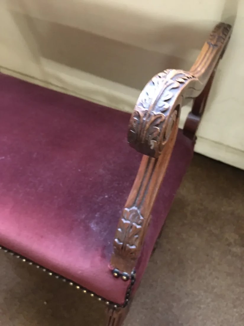 Antique French Walnut Short Upholstered Bench W/ Serpentine Arms & Stretcher - 8