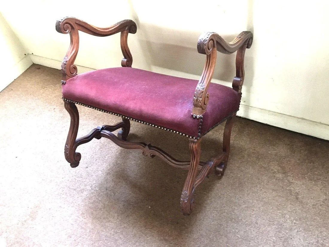 Antique French Walnut Short Upholstered Bench W/ Serpentine Arms & Stretcher - 9