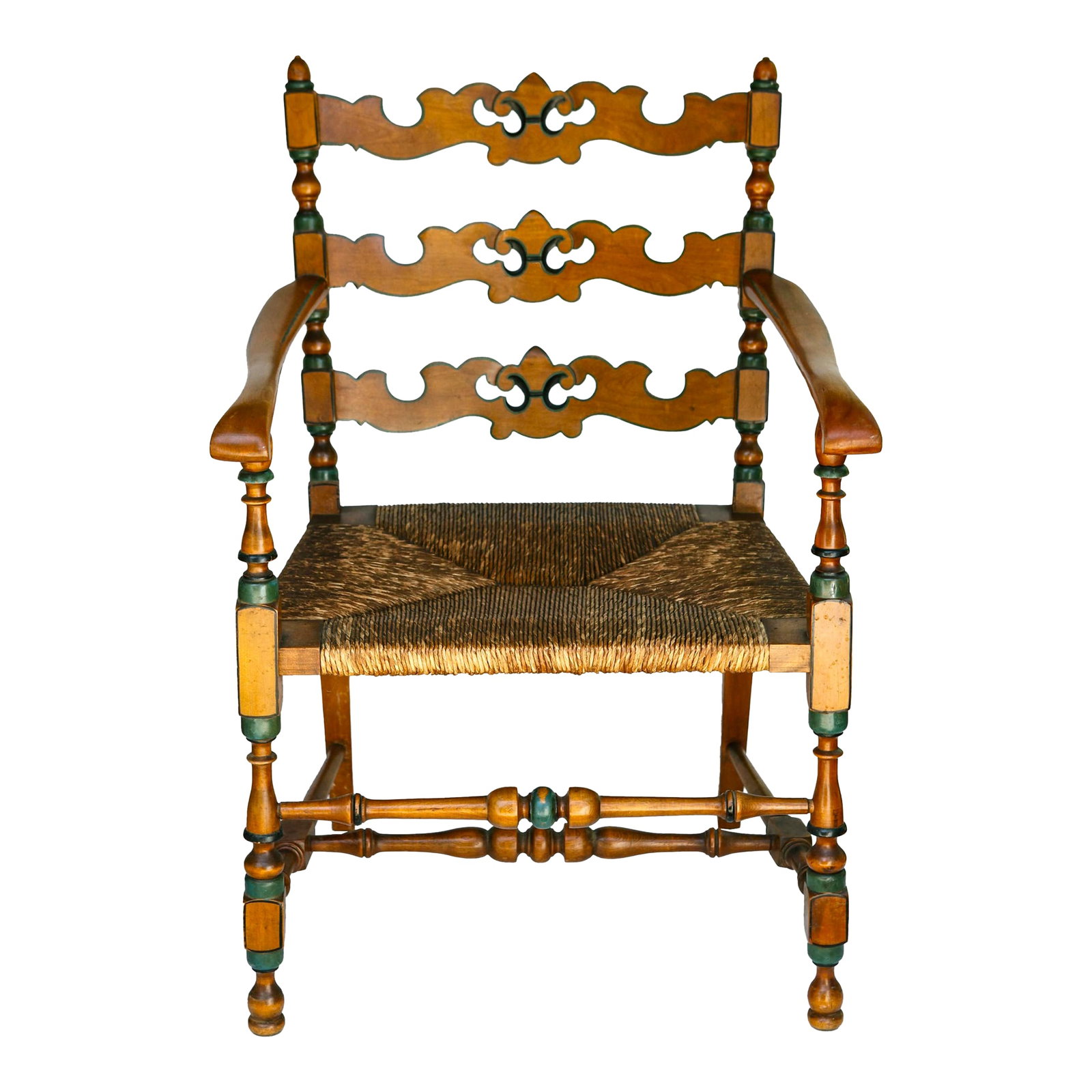 1930s Antique Wood Chair With Rush Seat: A handsome Americana style Antique Carved Mahogany Wood Chair with a Rush Seat. Some handpainted details in Forest Green. Seat to Floor 16" Arm to Floor 26" Condition: Alterations: Original Condition