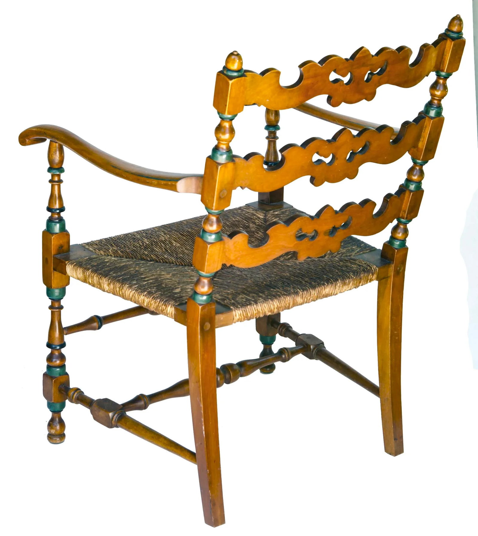 1930s Antique Wood Chair With Rush Seat - 2