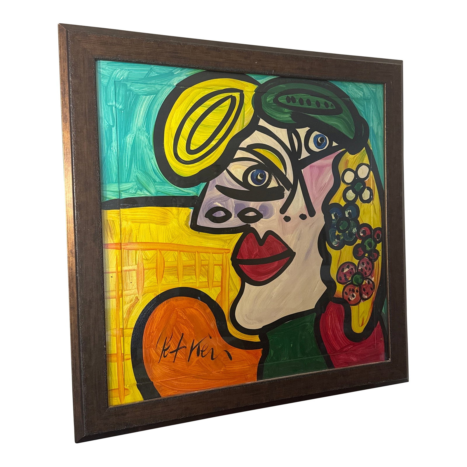 1970s Abstract Peter Keil Original Framed Painting: Peter Keil is a German artist that focuses primarily on abstract expressionism. Keil painted with some of the greats including, Joan Miro, Andy Warhol and Pablo Picasso, to name a few. This piece is o