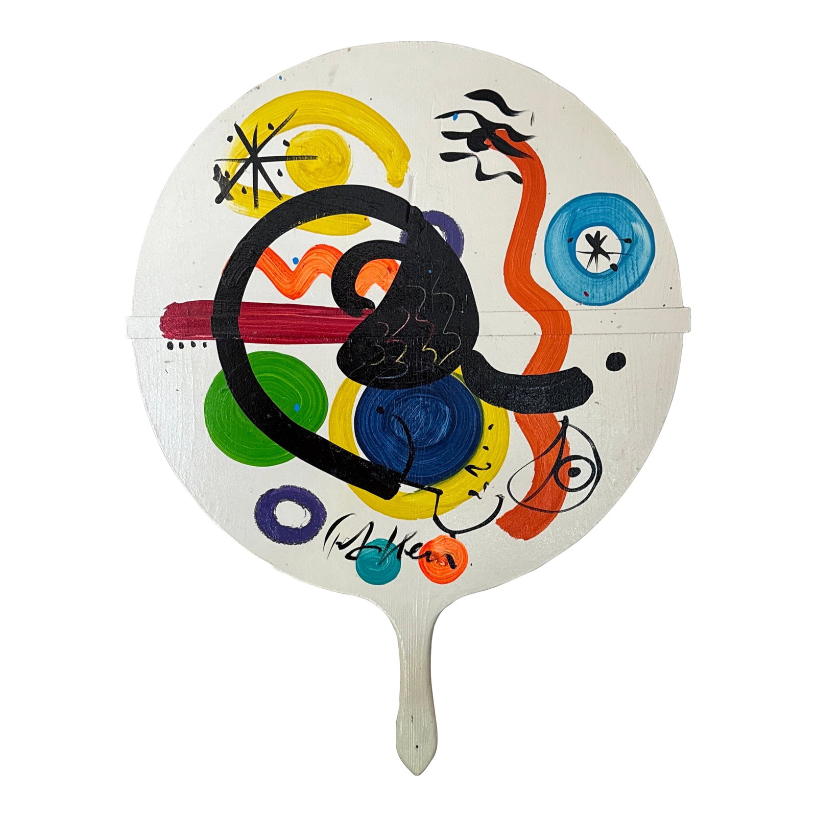 1970s Peter Keil Large Abstract Mirovian Centerpiece Sculpture: Fantastic Original Painting Centerpiece by Listed German Artist Peter Robert Keil (born 1942-) This piece was executed with acrylic on a large wood centerpiece board. The top is features colorful