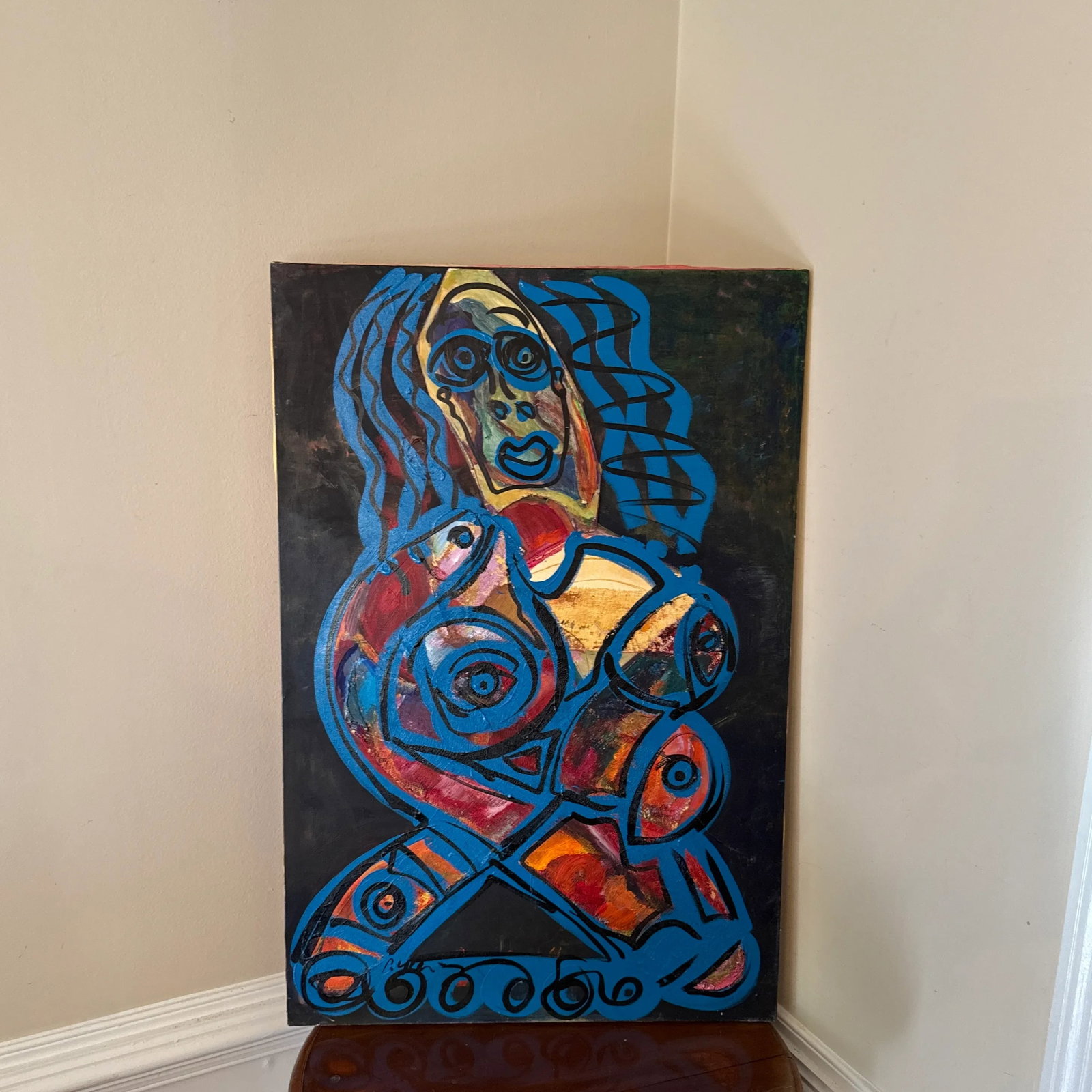 1960s Peter Keil Original Blue Abstract Portrait Mix Media Painting - 2