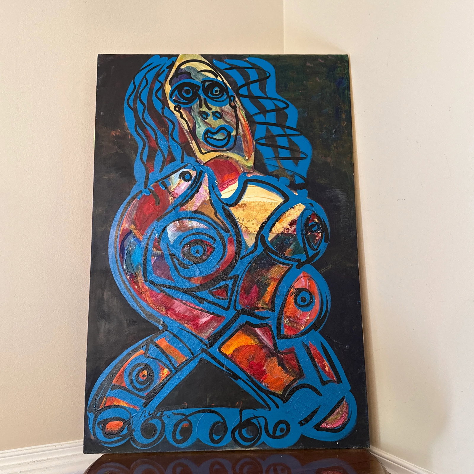 1960s Peter Keil Original Blue Abstract Portrait Mix Media Painting - 3