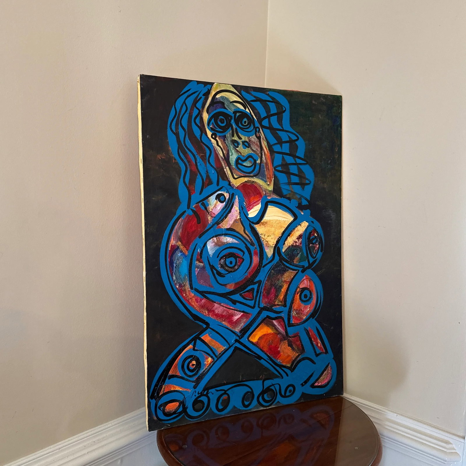 1960s Peter Keil Original Blue Abstract Portrait Mix Media Painting - 4