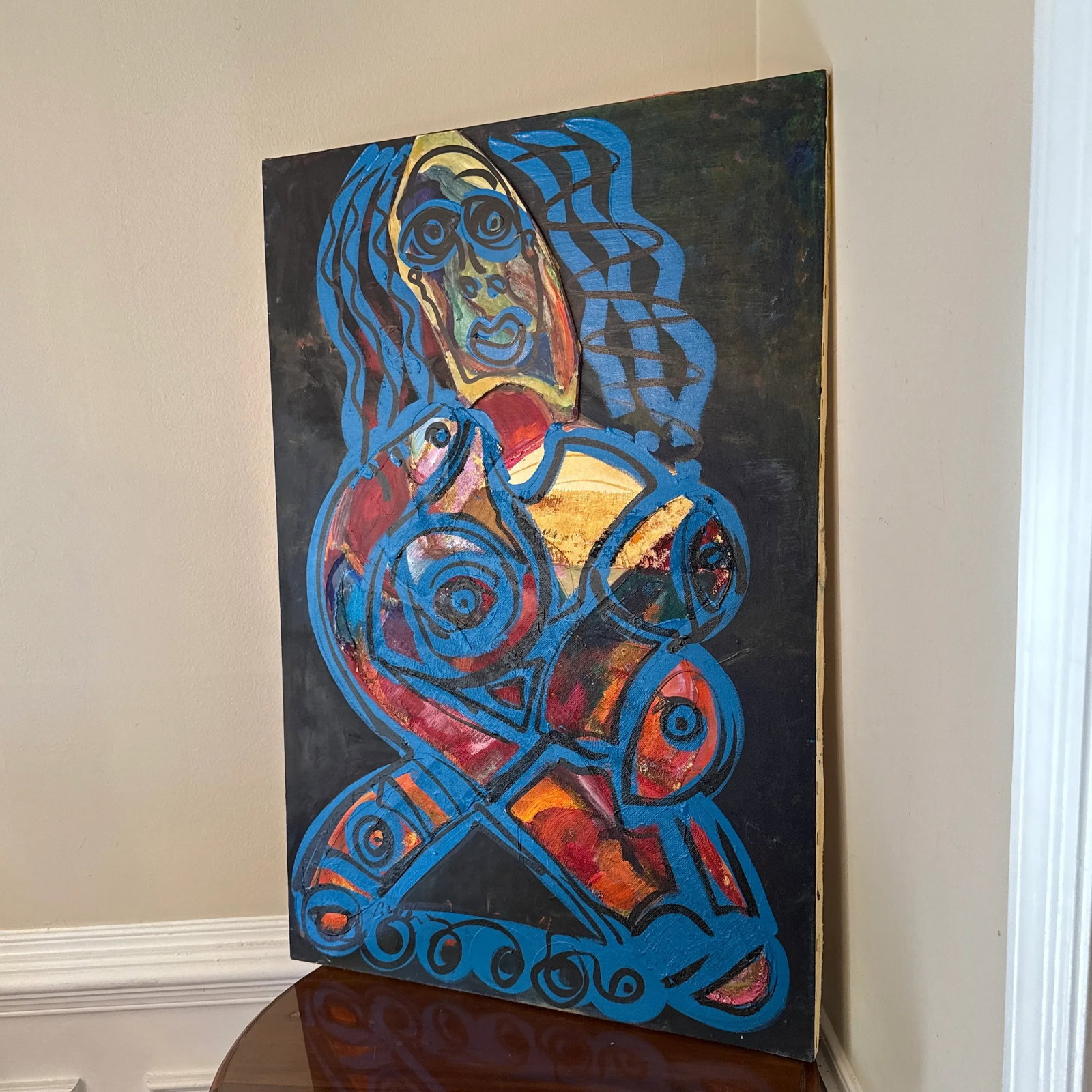 1960s Peter Keil Original Blue Abstract Portrait Mix Media Painting - 5