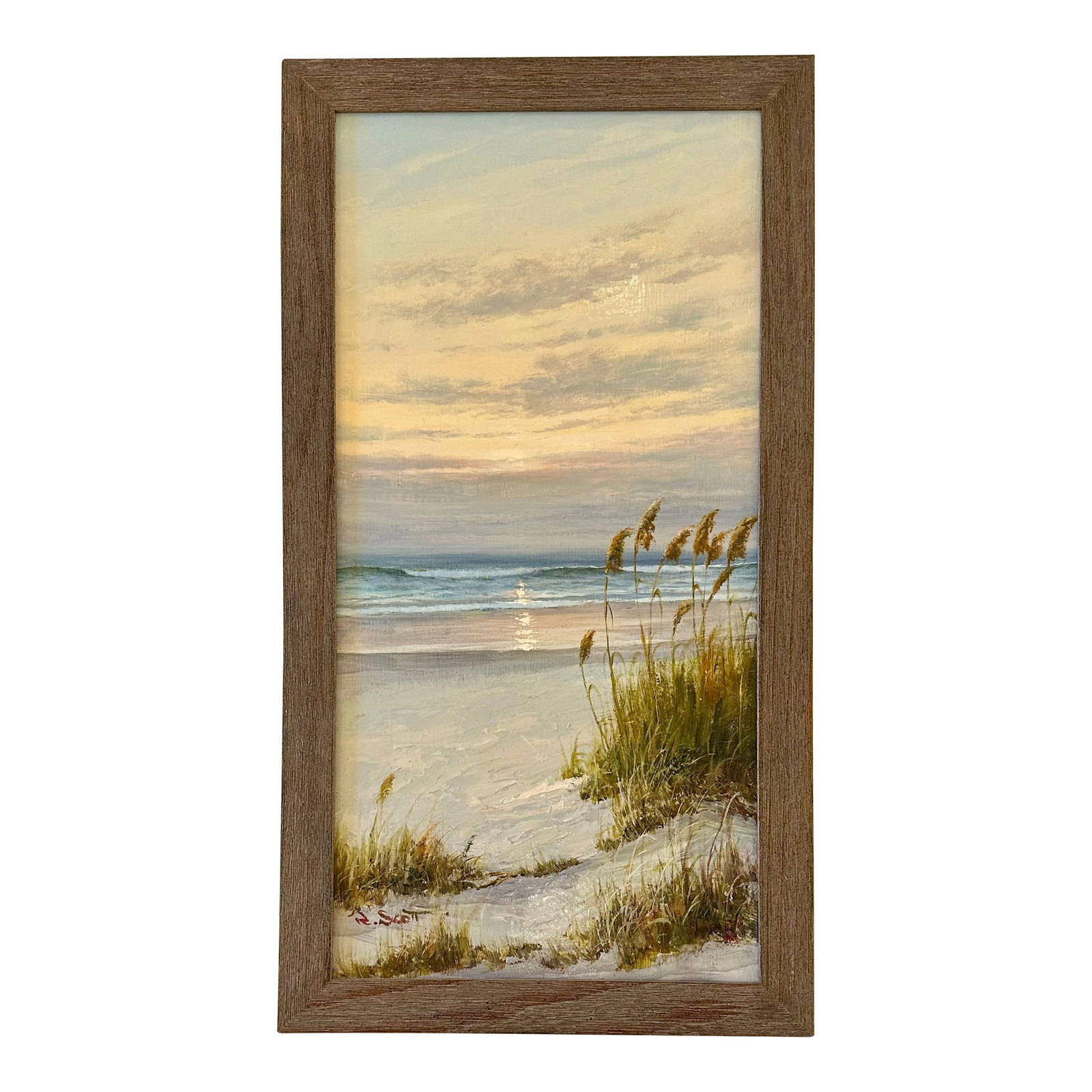 Coastal Beach Dune Sunset Oil Painting by R. Scott (Framed): Original oil on canvas by R. Scott. Custom framed. Dimensions: 14.5" x 27" Please note: If you purchase multiple items, we'll gladly combine shipping-just send us a message. Also, we offer white glove