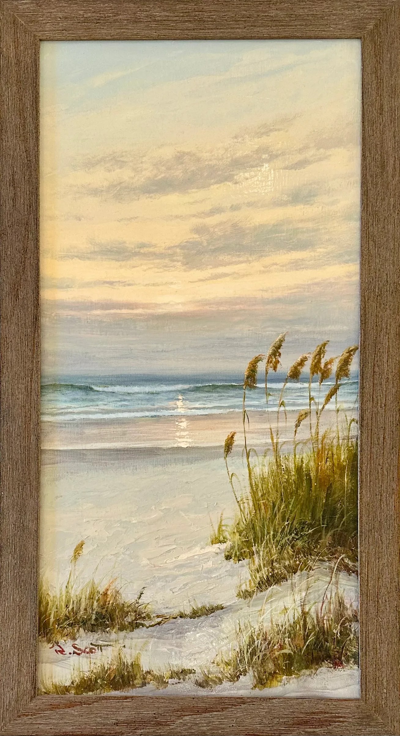 Coastal Beach Dune Sunset Oil Painting by R. Scott (Framed) - 2